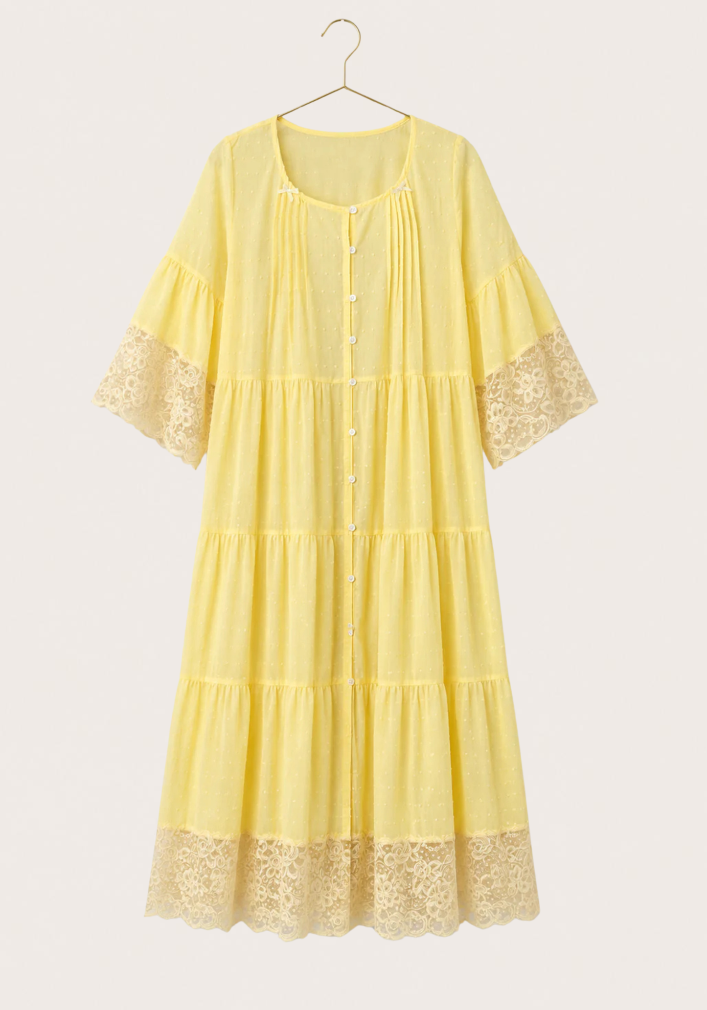 Woven Viscose Long Sleeves Midi Nighty With Front Buttons And Lace Detail
