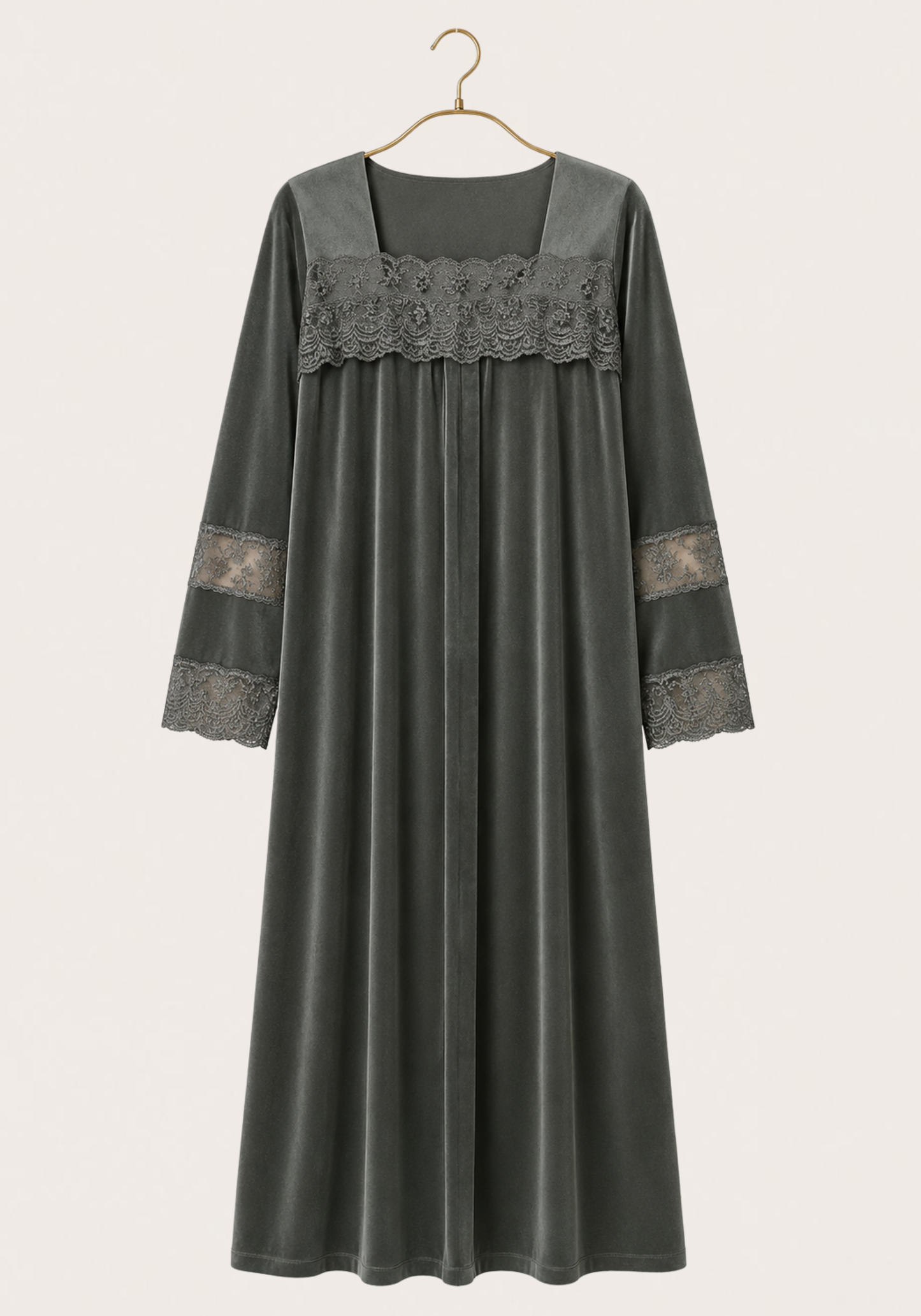 Velour Long Gown With Lace