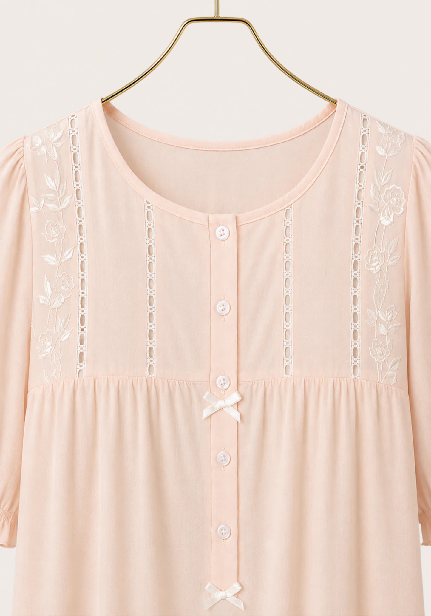 Long Gown: Woven Viscose Short Sleeves Long Nighty With Buttons And Embroidery Details