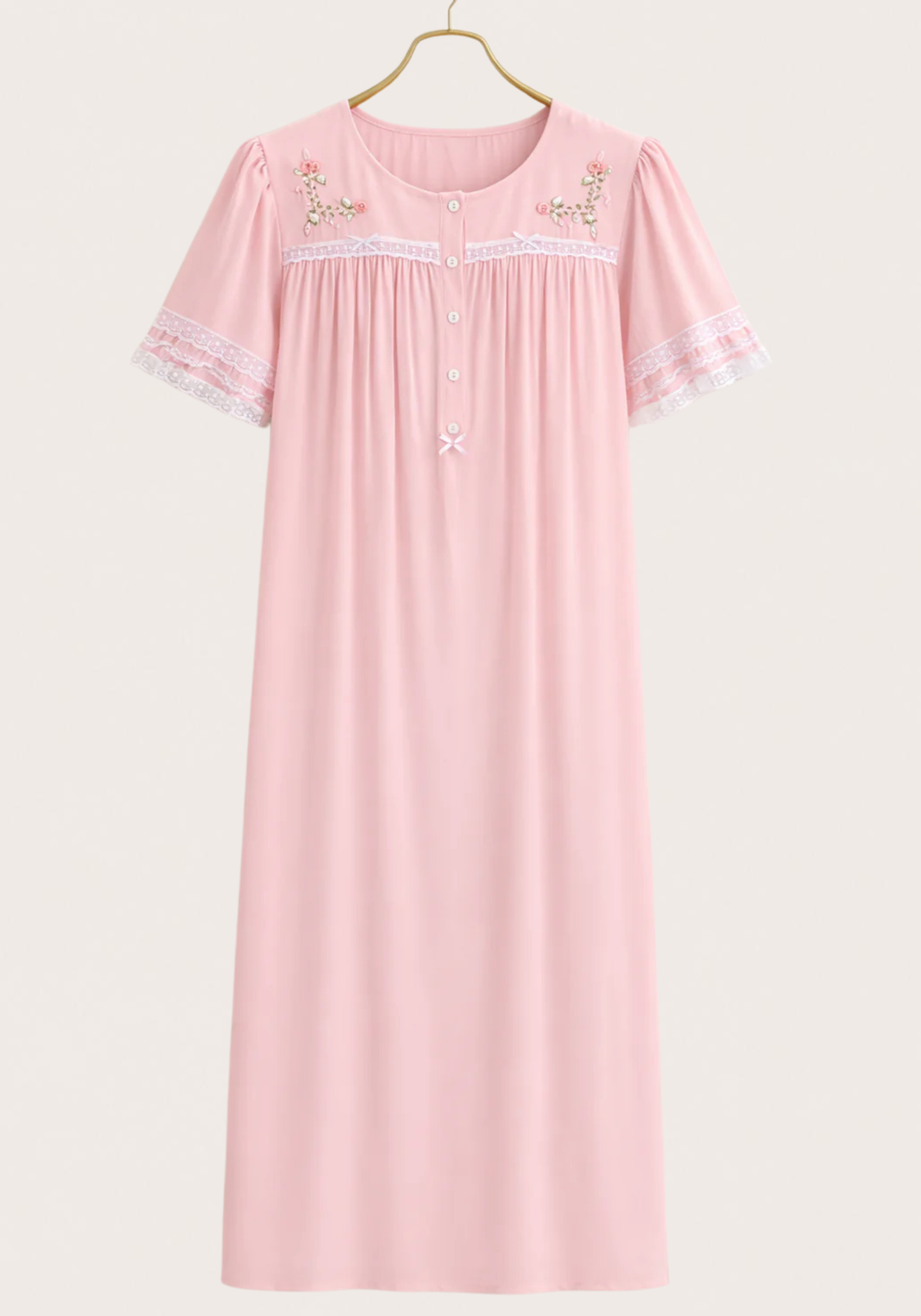 Woven Viscose Short Sleeves Long Nighty With Floral Embroidery With Front Buttons