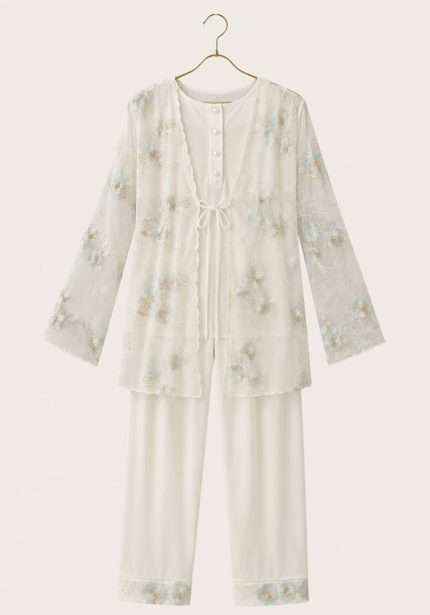 Maternal 3-Pieces Pajamas: Long Sleeve Buttoned Top And Pants And Long Sleeve Organza Robe