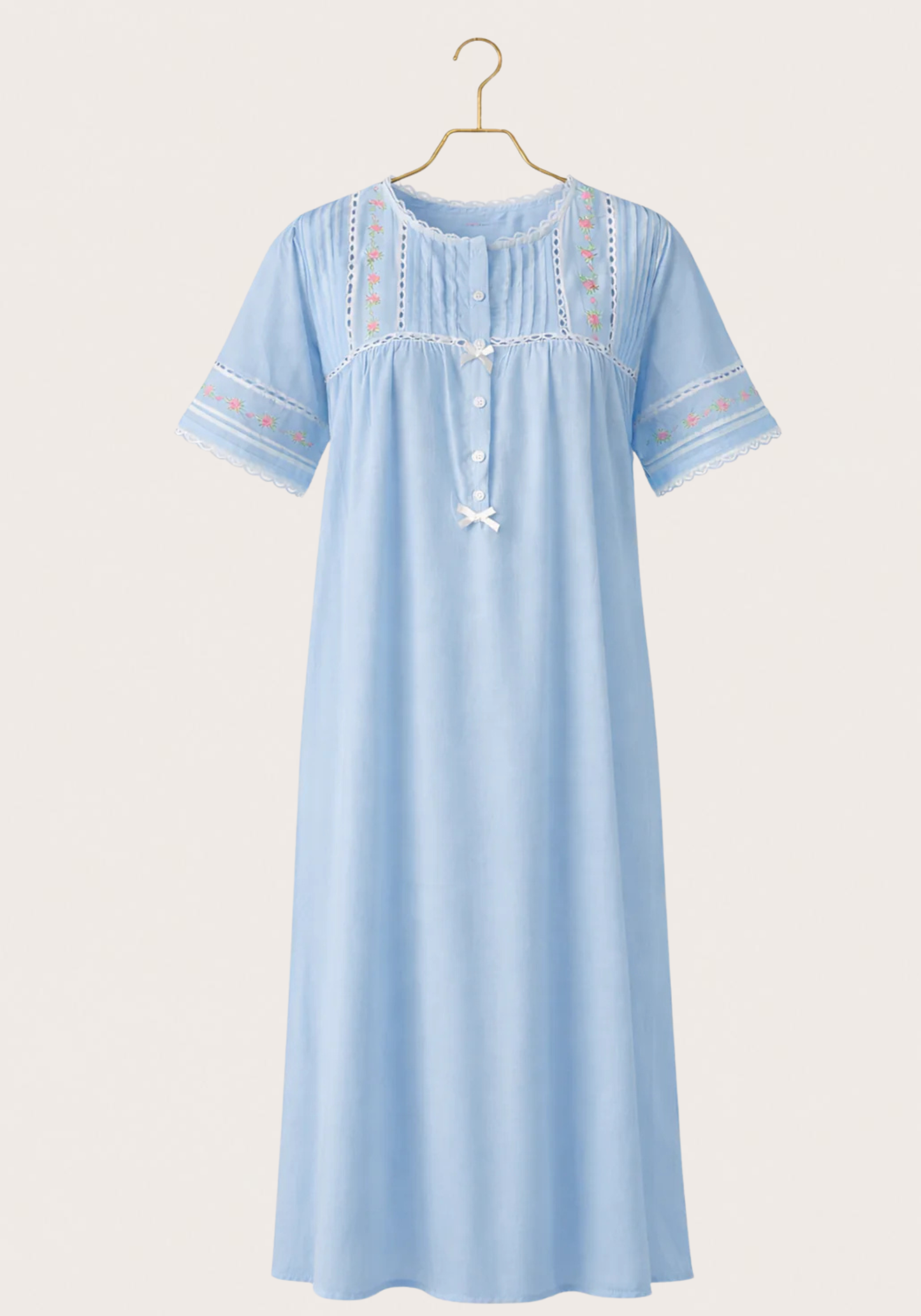 Woven Vual Short Sleeves Long Gown With Floral Embroidery Details With Front Buttons