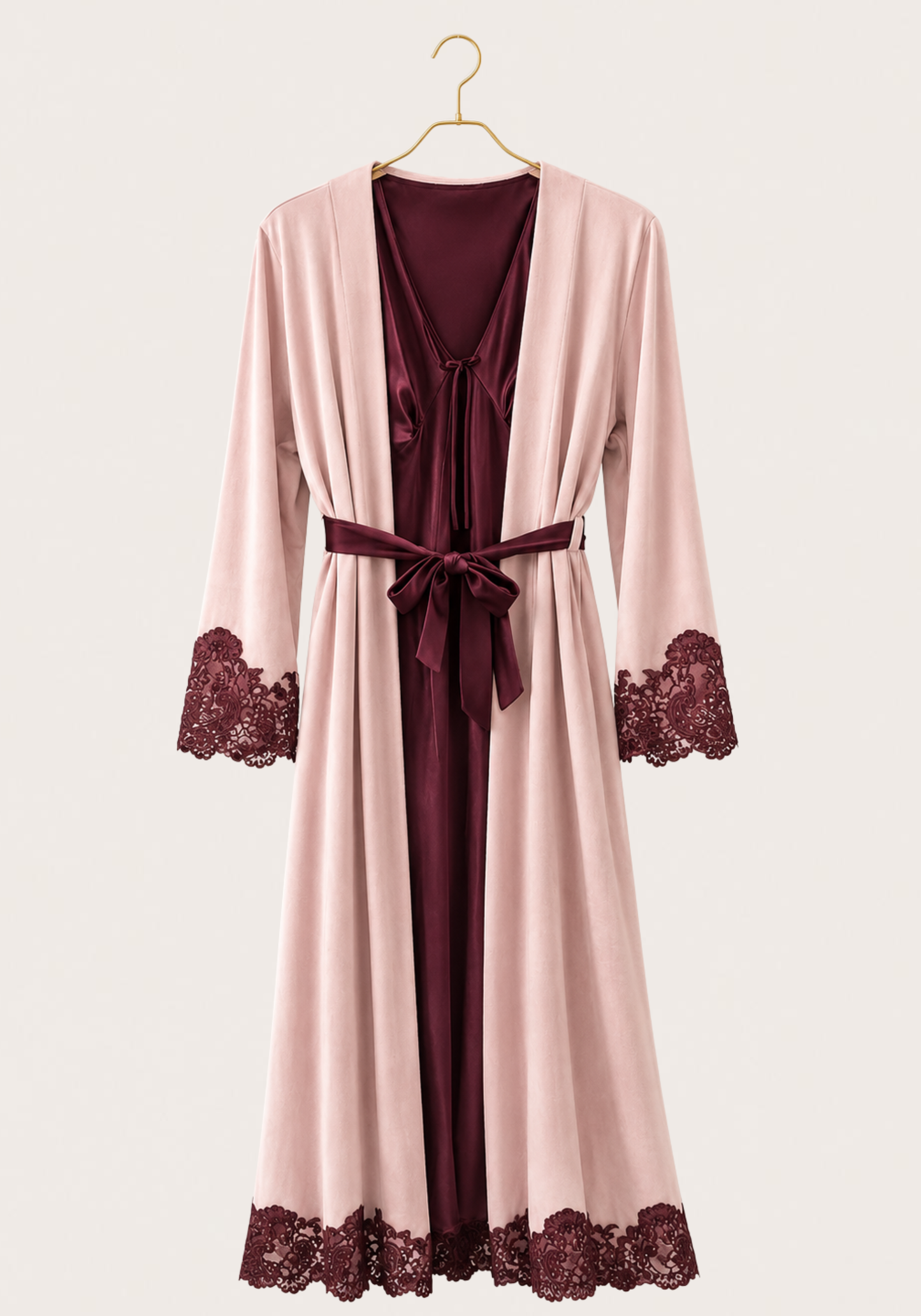 Velour Satin Robe Set: Velour Long Sleeve Long Robe And Satin Long Nighty