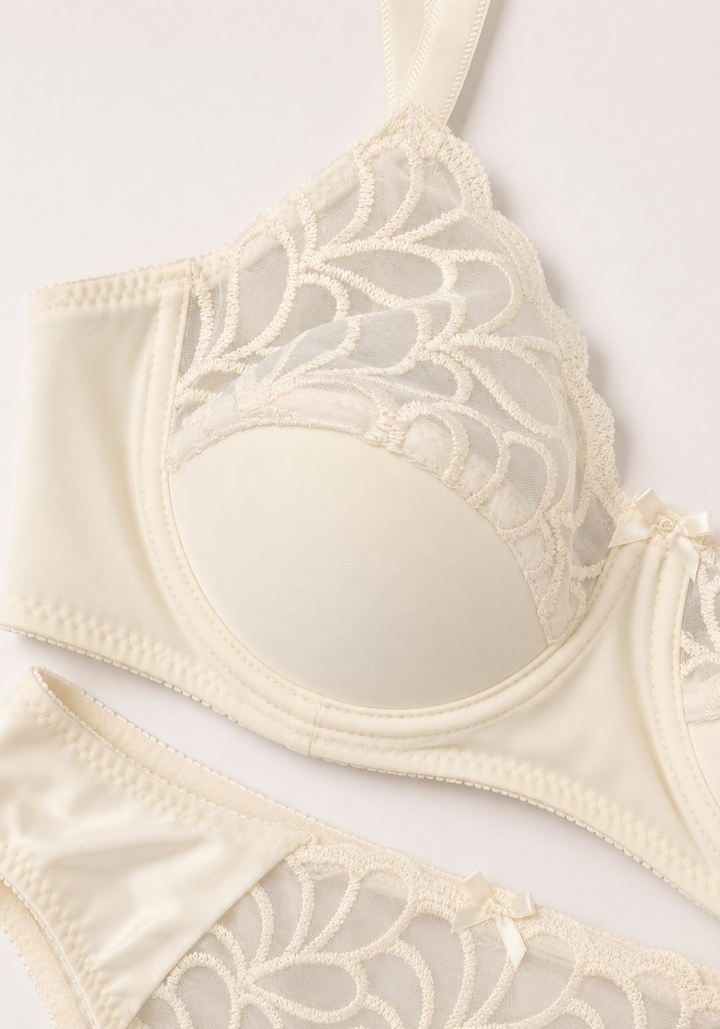 Bridal Bra Set: Half Plain Padded Half Dantel Cup Bra And Panty With Dantel Detail