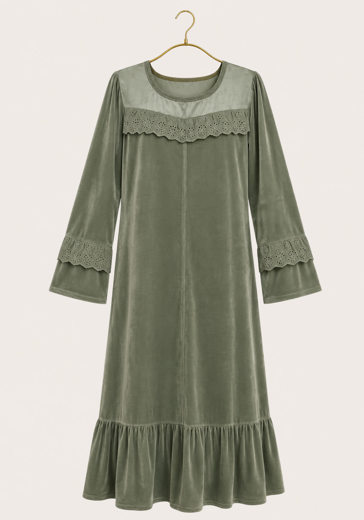 Velour Long Gown With Lace