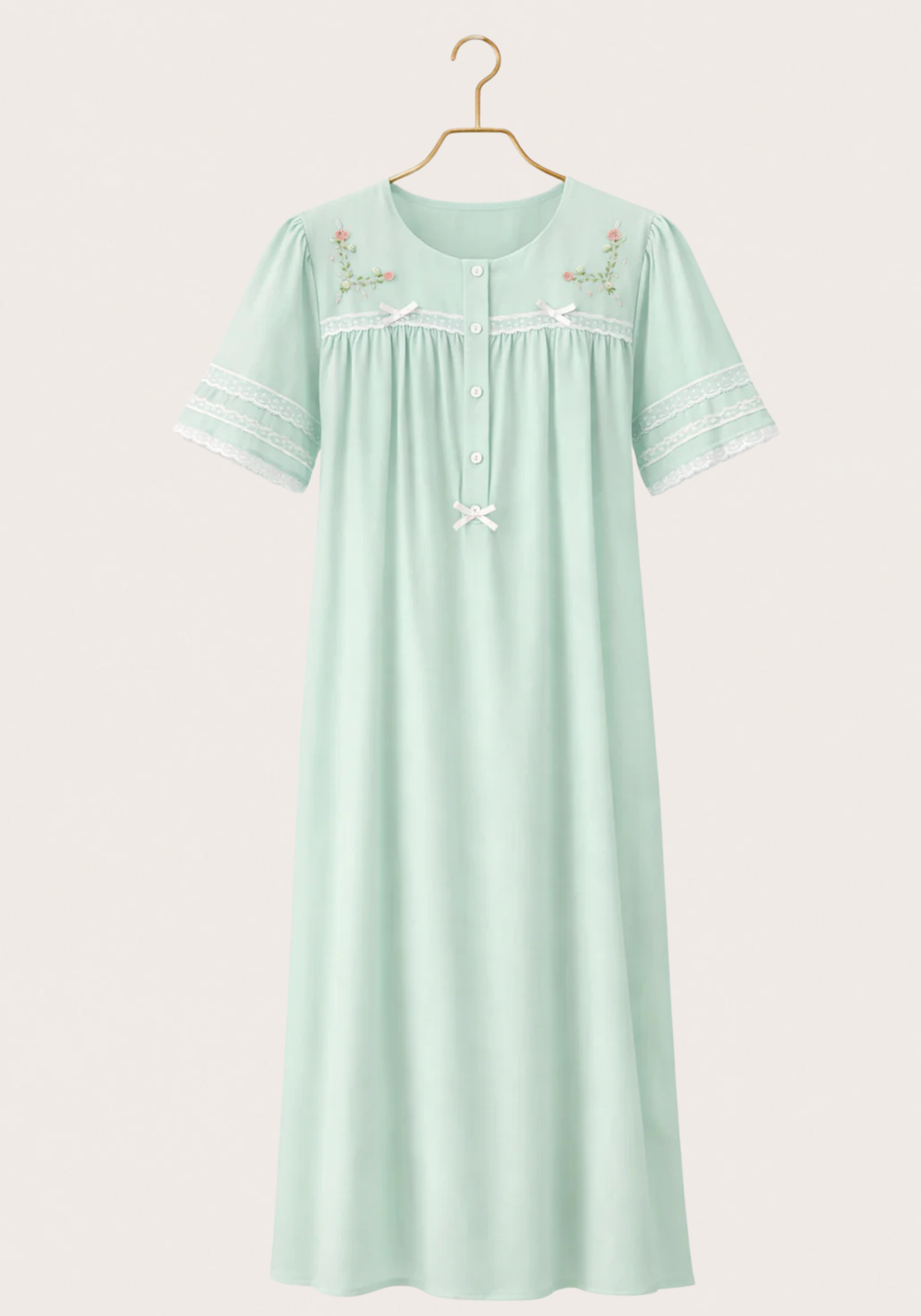 Woven Viscose Short Sleeves Long Nighty With Floral Embroidery With Front Buttons