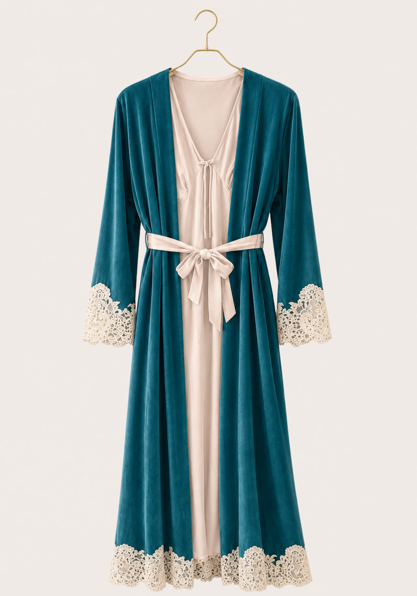 Velour Satin Robe Set: Velour Long Sleeve Long Robe And Satin Long Nighty