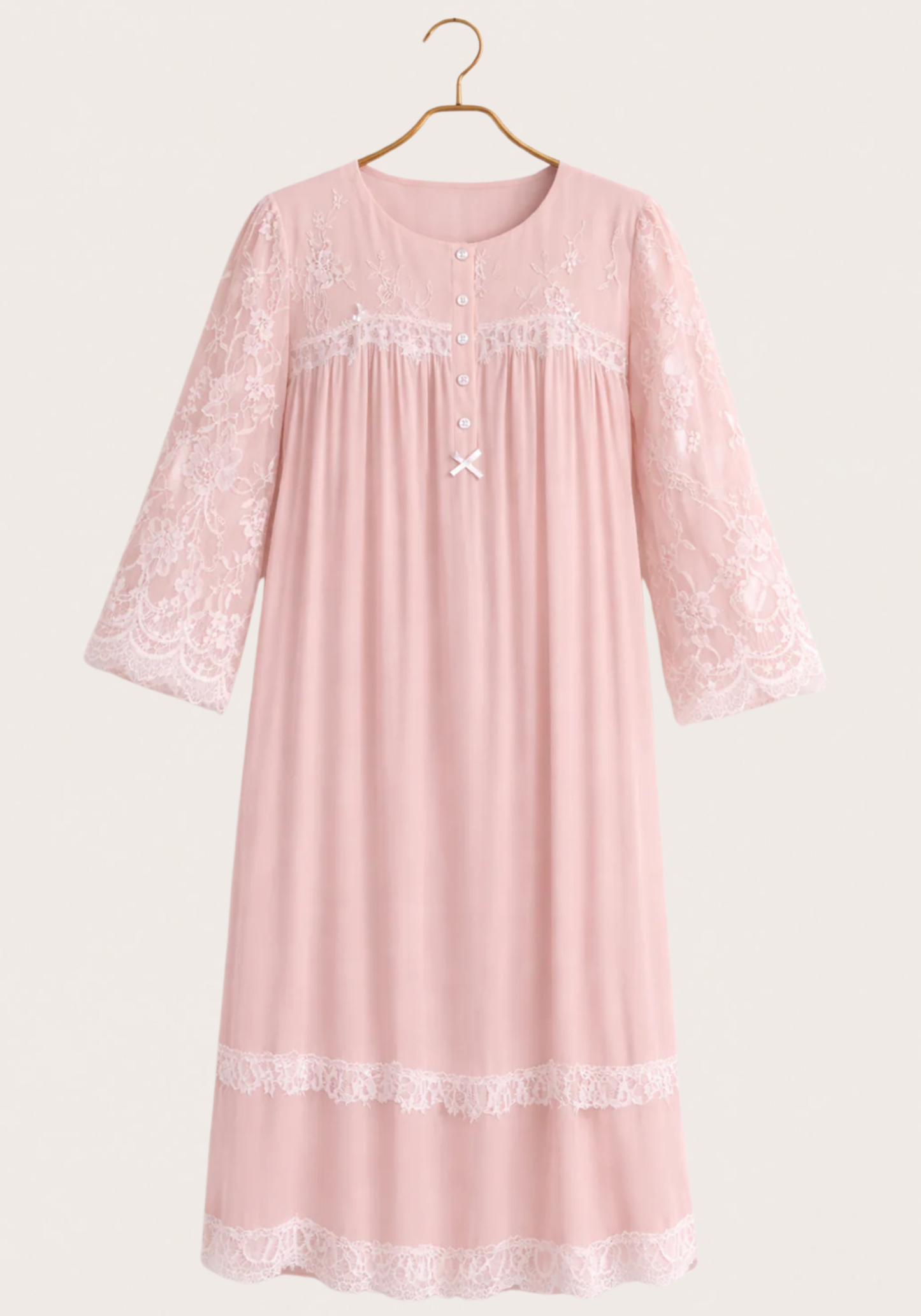 Woven Viscose Long Sleeves Long Nighty With Dantel In The Front & Sleeves With Buttons