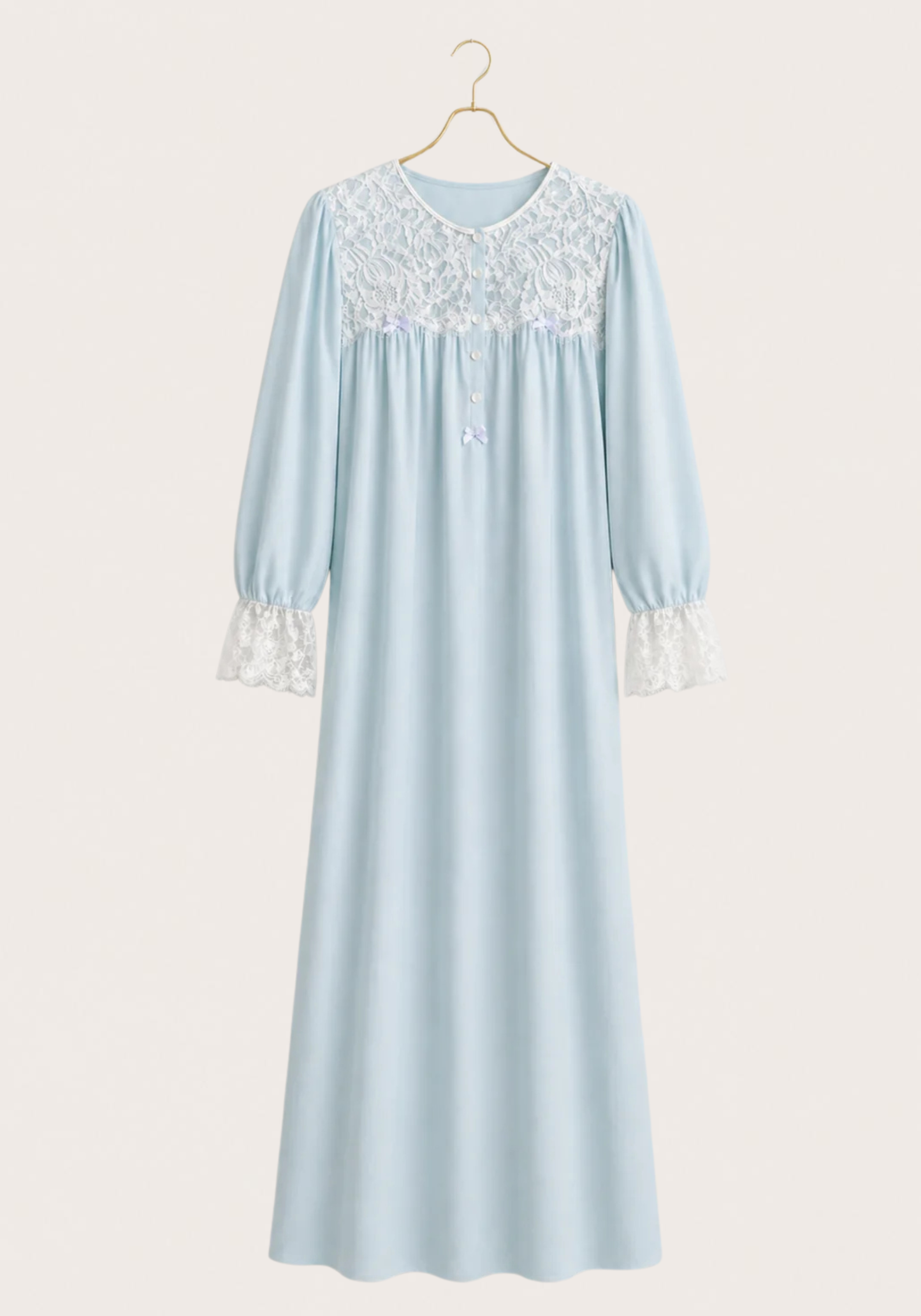 Woven Viscose Long Sleeves Long Nighty With Dantel In The Front & Sleeves With Buttons
