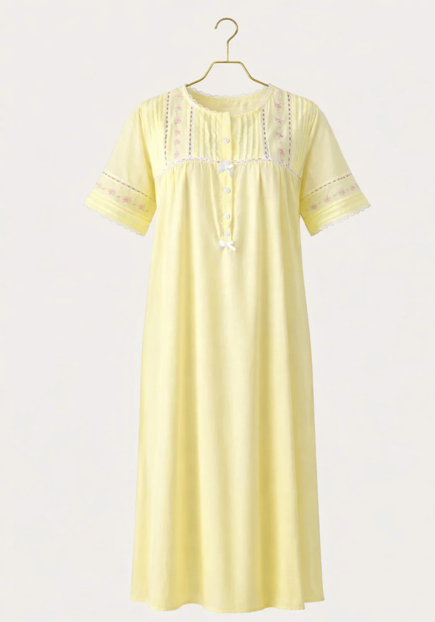 Woven Vual Short Sleeves Long Gown With Floral Embroidery Details With Front Buttons