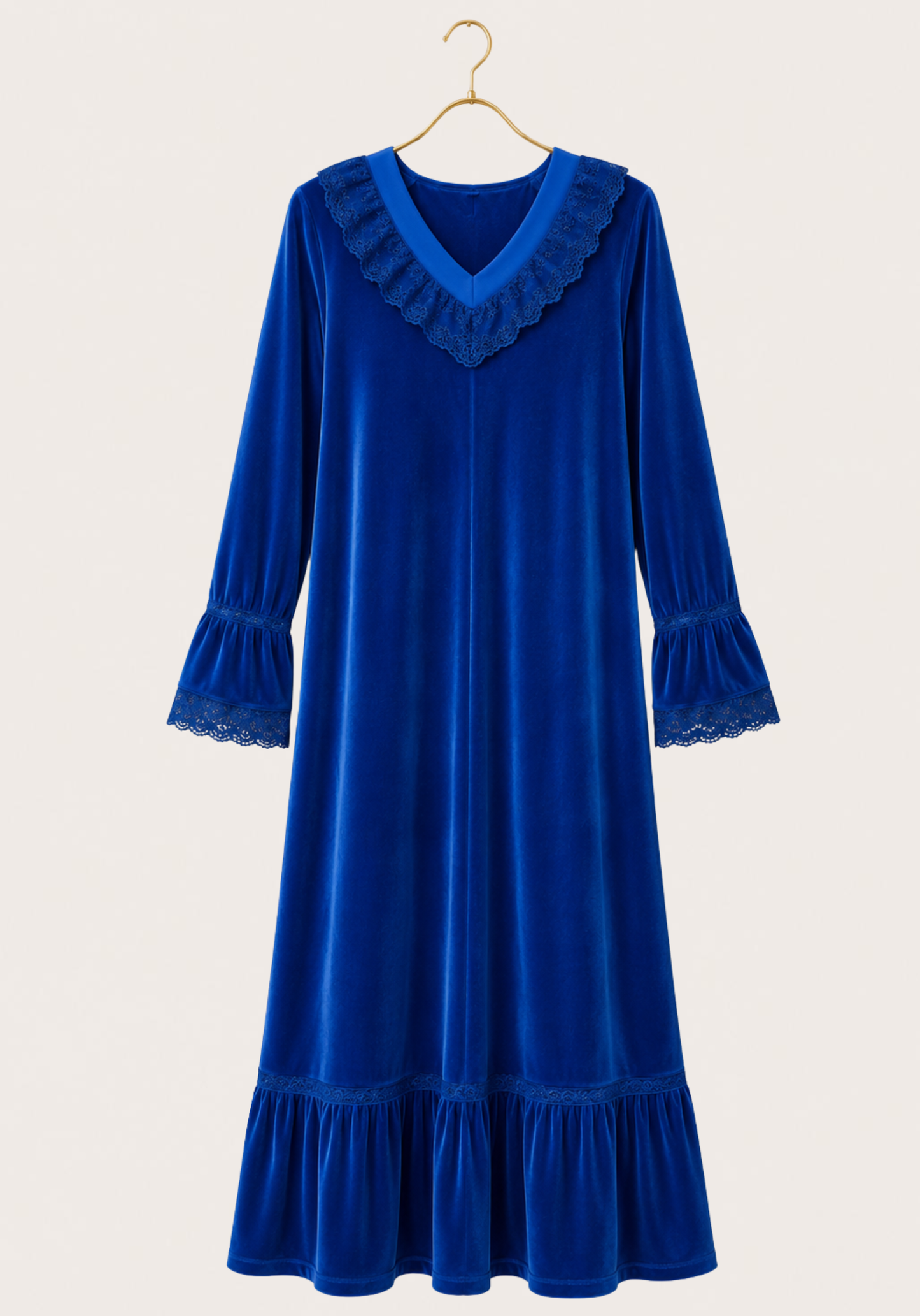 Velour Long Gown With Lace