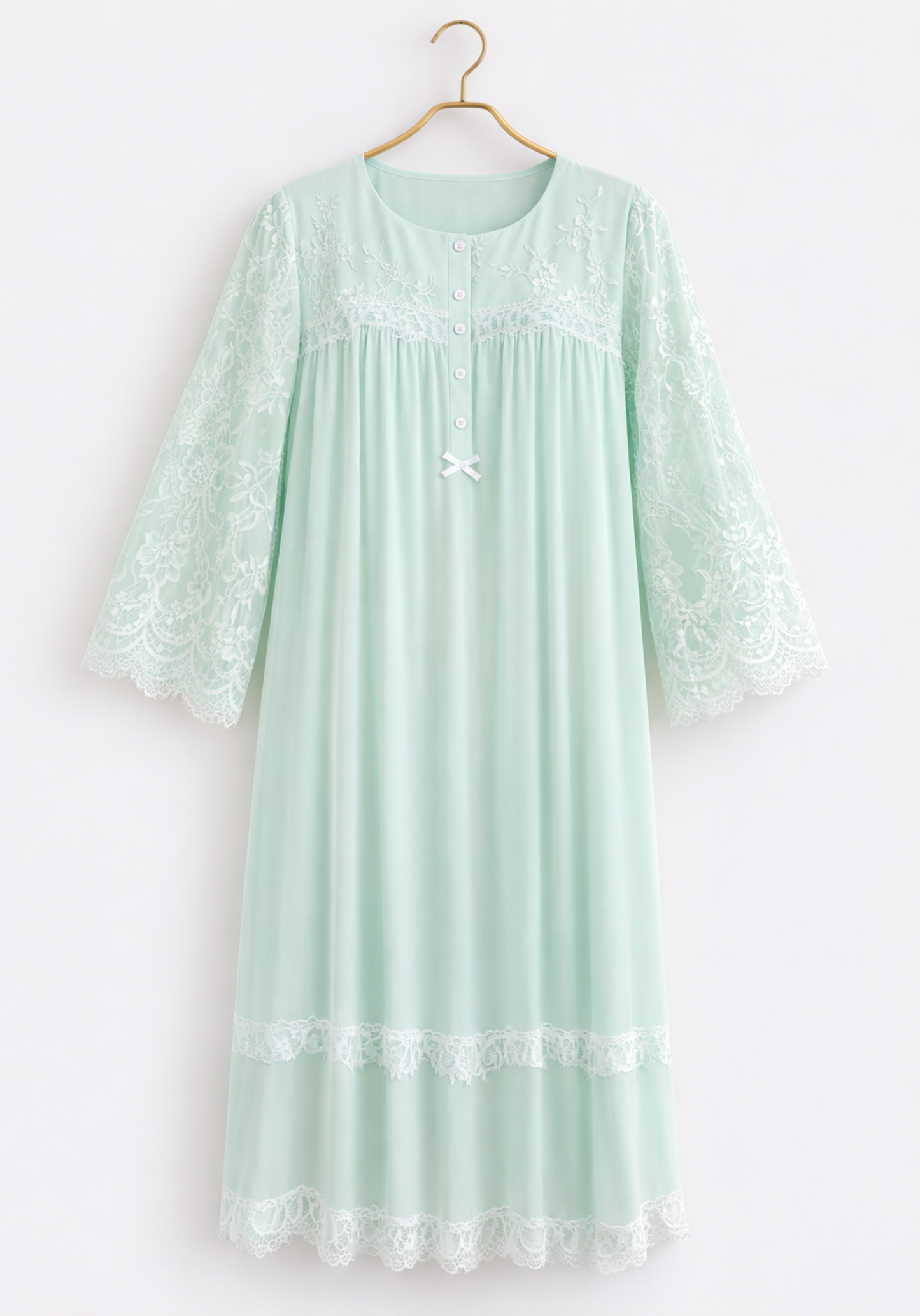 Woven Viscose Long Sleeves Long Nighty With Dantel In The Front & Sleeves With Buttons