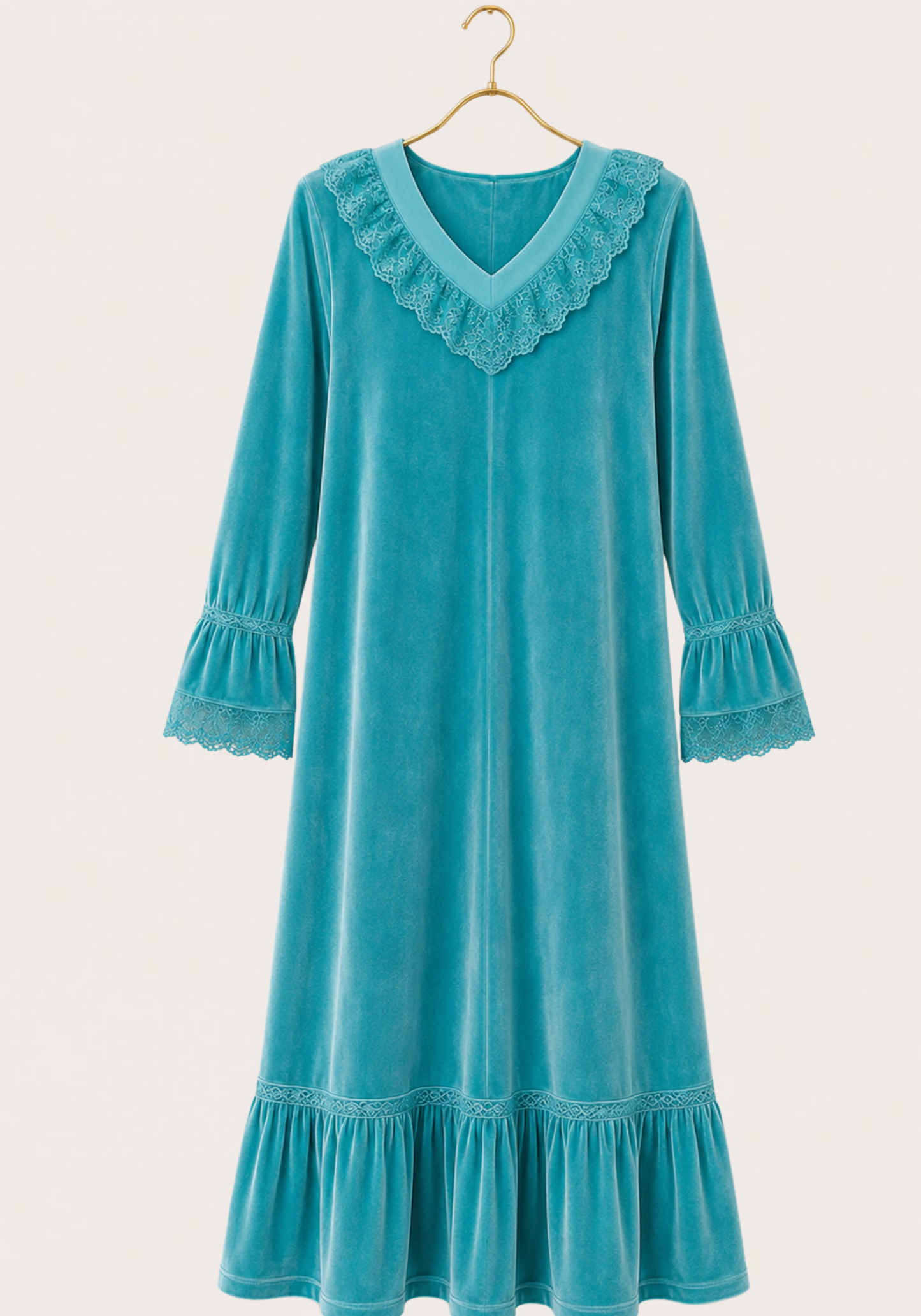 Velour Long Gown With Lace