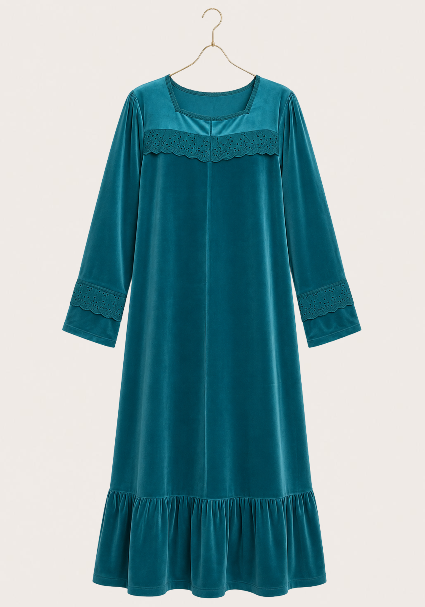 Velour Long Gown With Lace