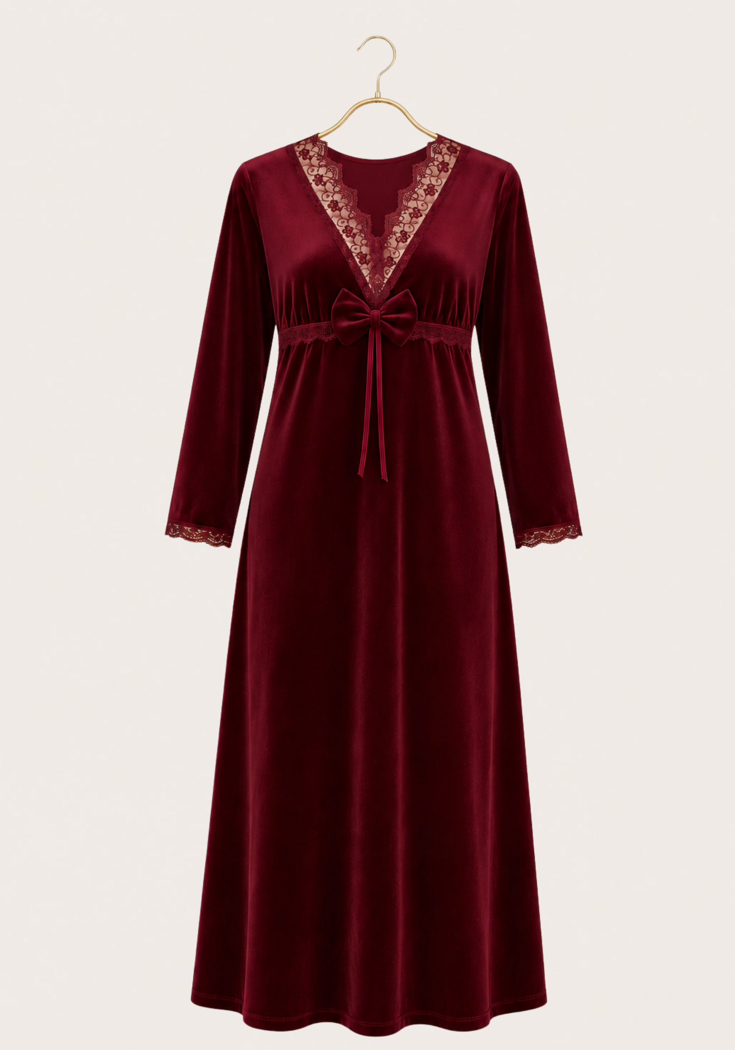 Velour Long Gown With Lace