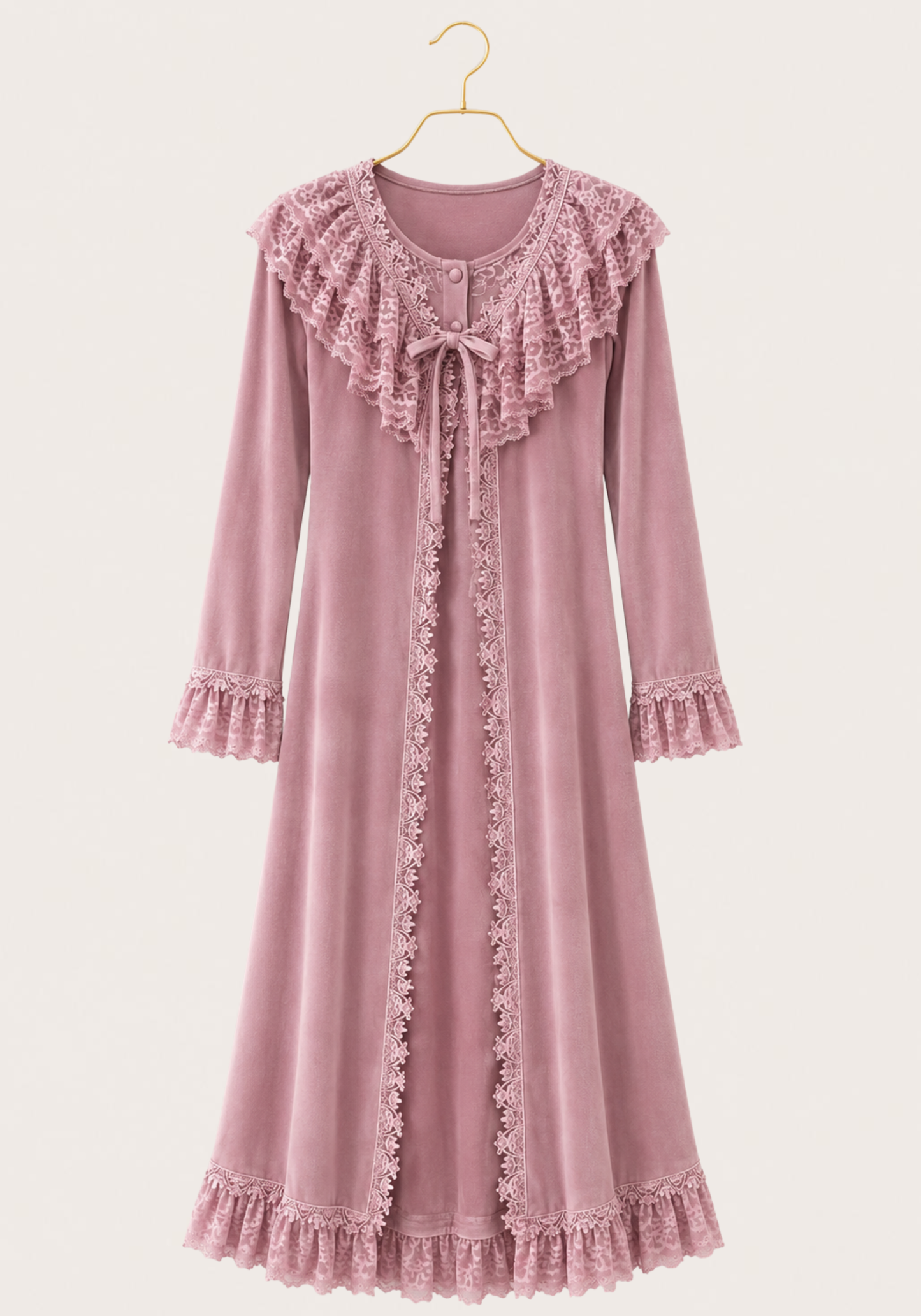 Velour Long Robe Set: Long Sleeve Long Robe And Sleeveless Nighty