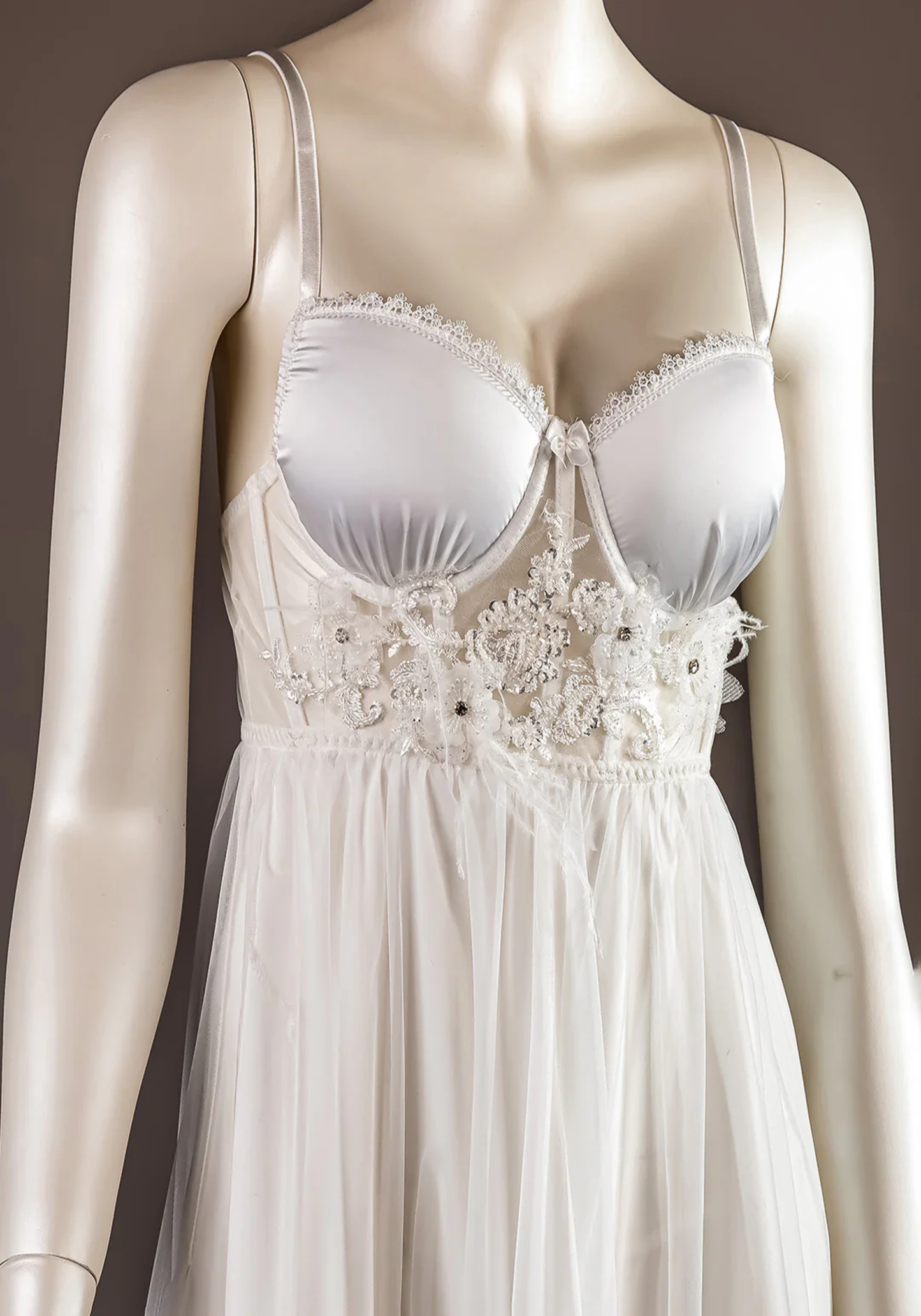 Bridal Long Robe Set: Bustier Bra Satin Babydoll-Like With Schiffon Long Nighty With Furr Dantel And Long Schiffon Robe