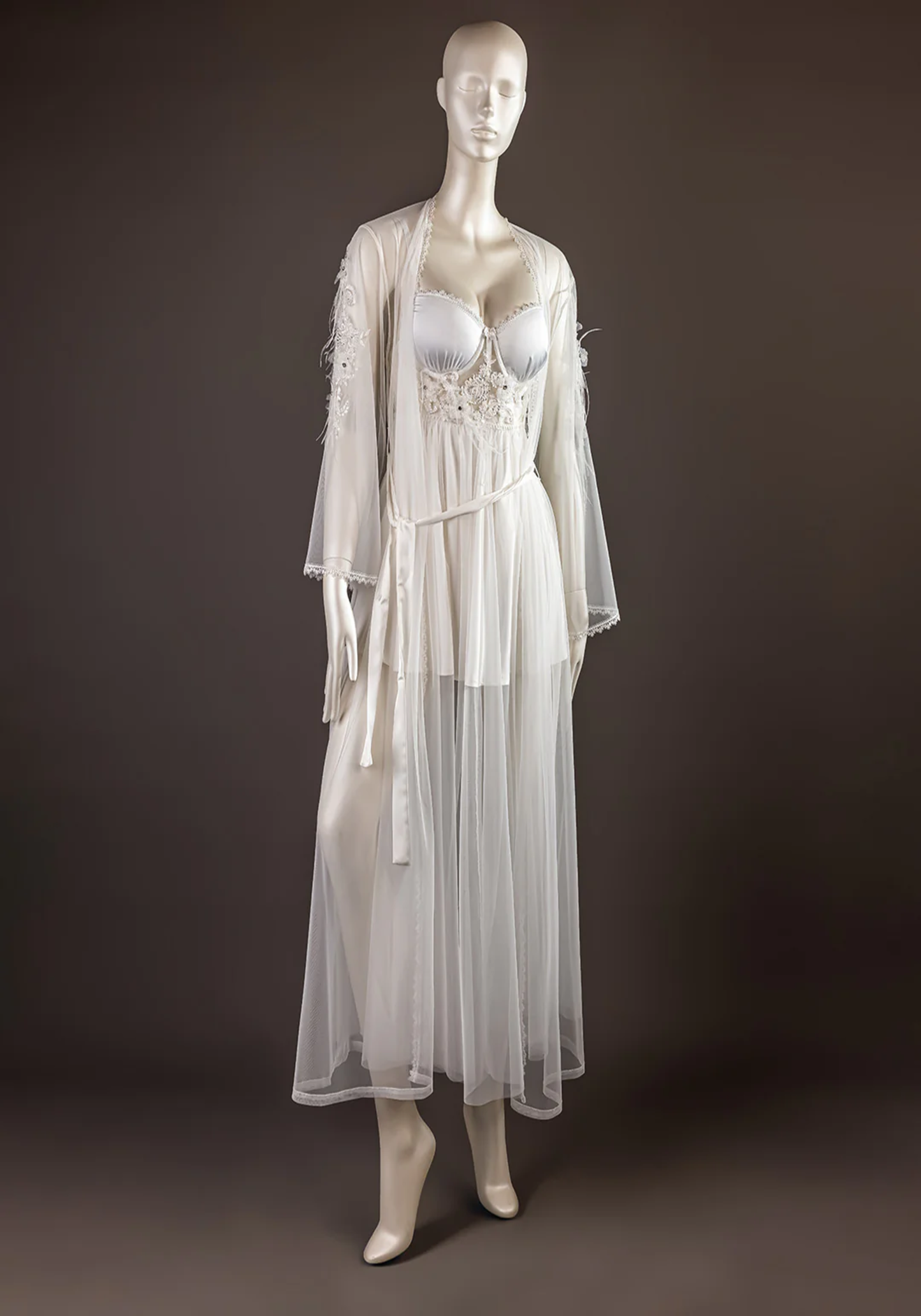 Bridal Long Robe Set: Bustier Bra Satin Babydoll-Like With Schiffon Long Nighty With Furr Dantel And Long Schiffon Robe