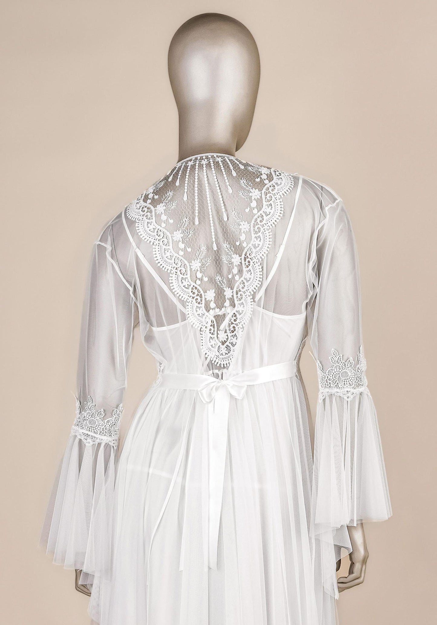 Bridal Long Robe Set: Satin Lace Babydoll With Long Chiffon Lace Kimono