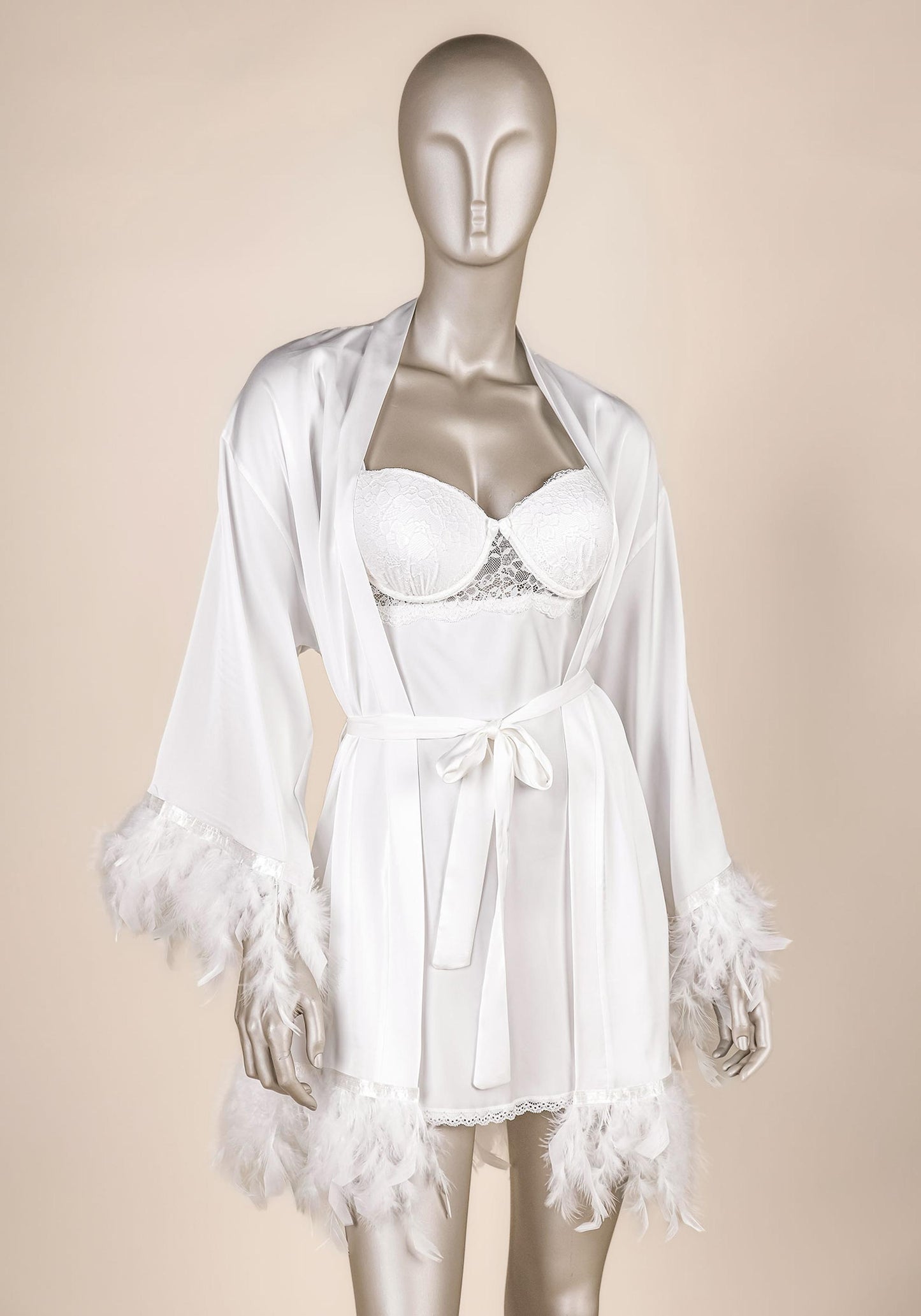 Bridal Robe Set: Underwire Padded Lace Bra Top Satin Babydoll And Satin Furr Short Kimono
