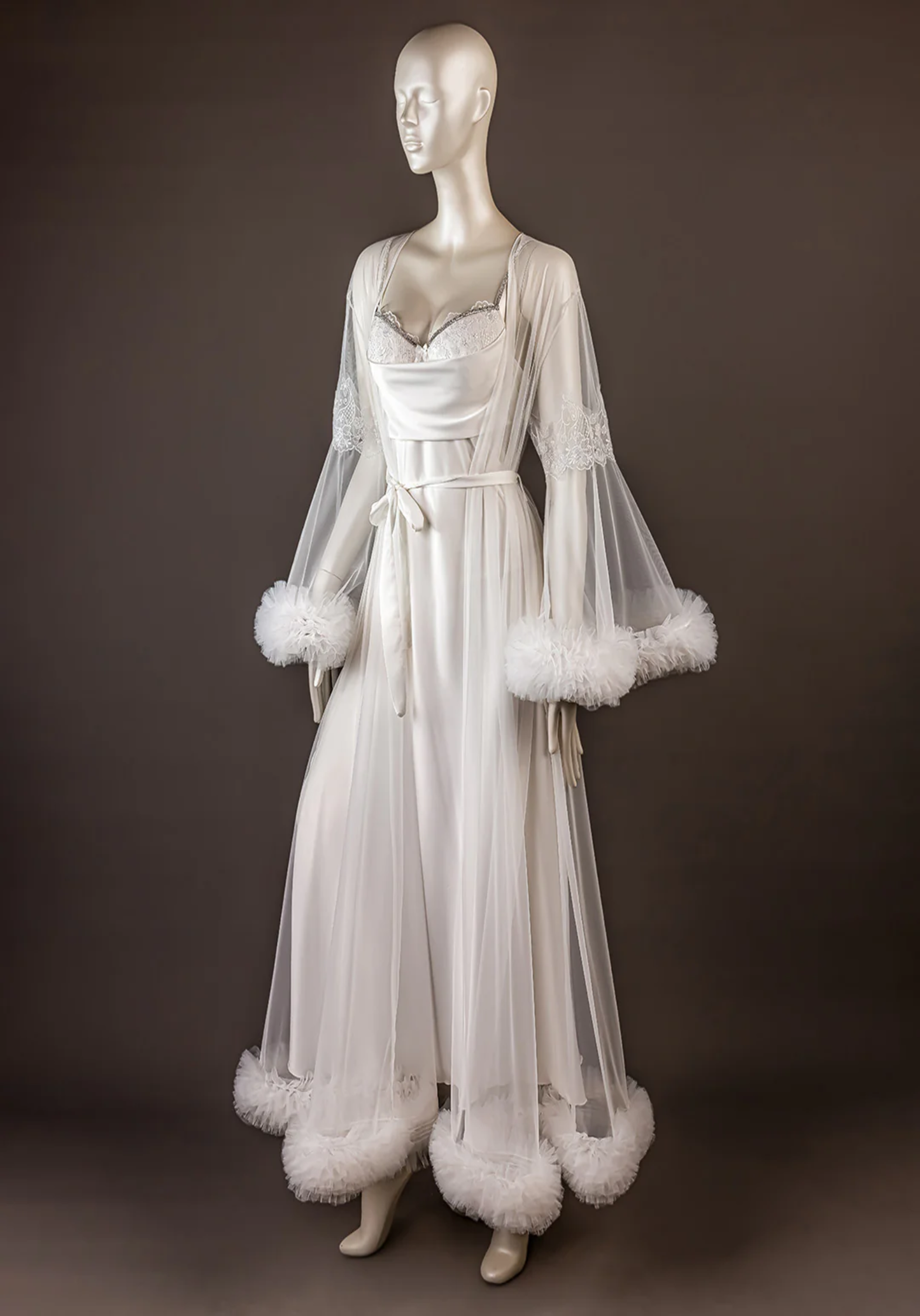 Bridal Long Robe Set: Satin Shoulder Stras Strap Lace Padded Cup Satin Long Nighty And Long Sleeve Long Schiffon Robe With Ruffles