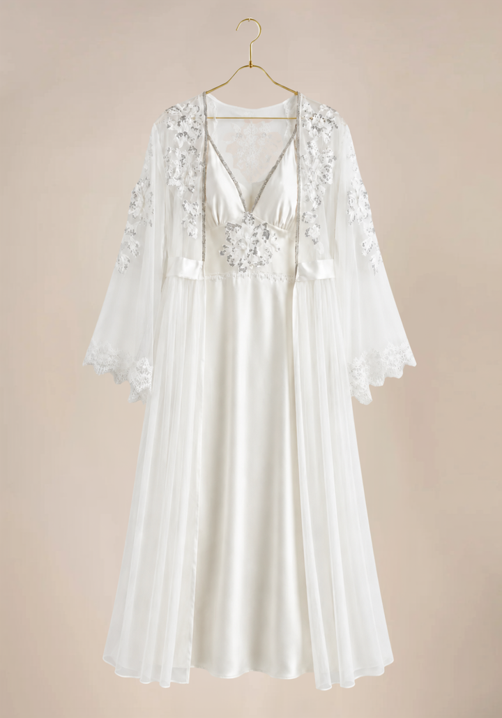 Bridal Long Robe Set: Shoulder Strap V-Stras Full Satin Long Nighty With Floral Beeds Applique And Long Schiffon Robe With Beeds Applique