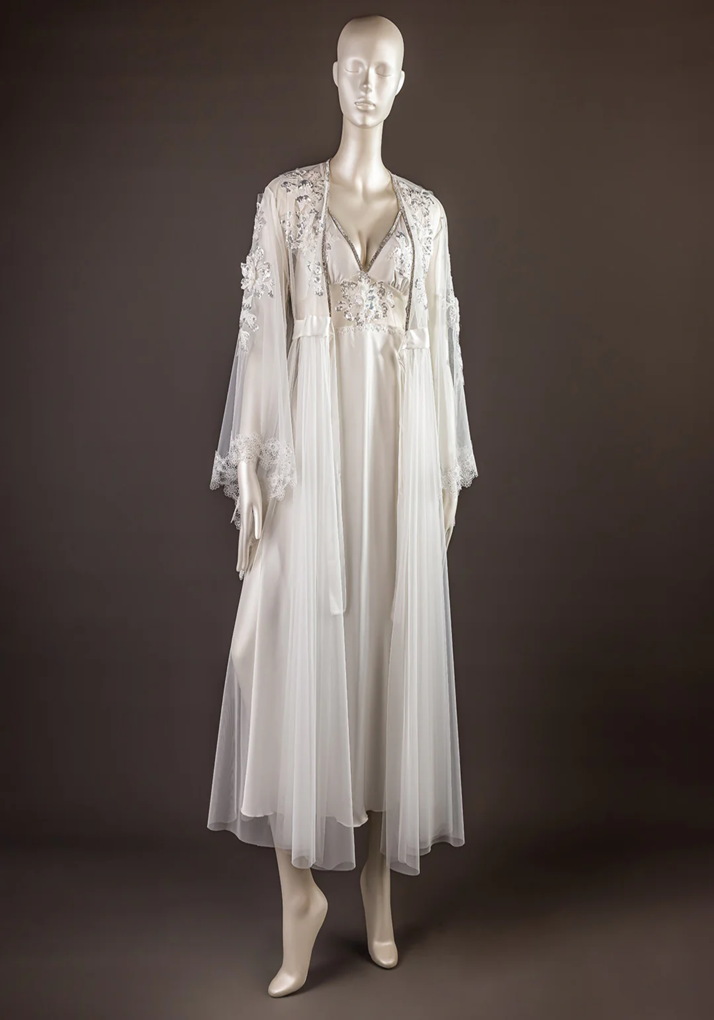 Bridal Long Robe Set: Shoulder Strap V-Stras Full Satin Long Nighty With Floral Beeds Applique And Long Schiffon Robe With Beeds Applique