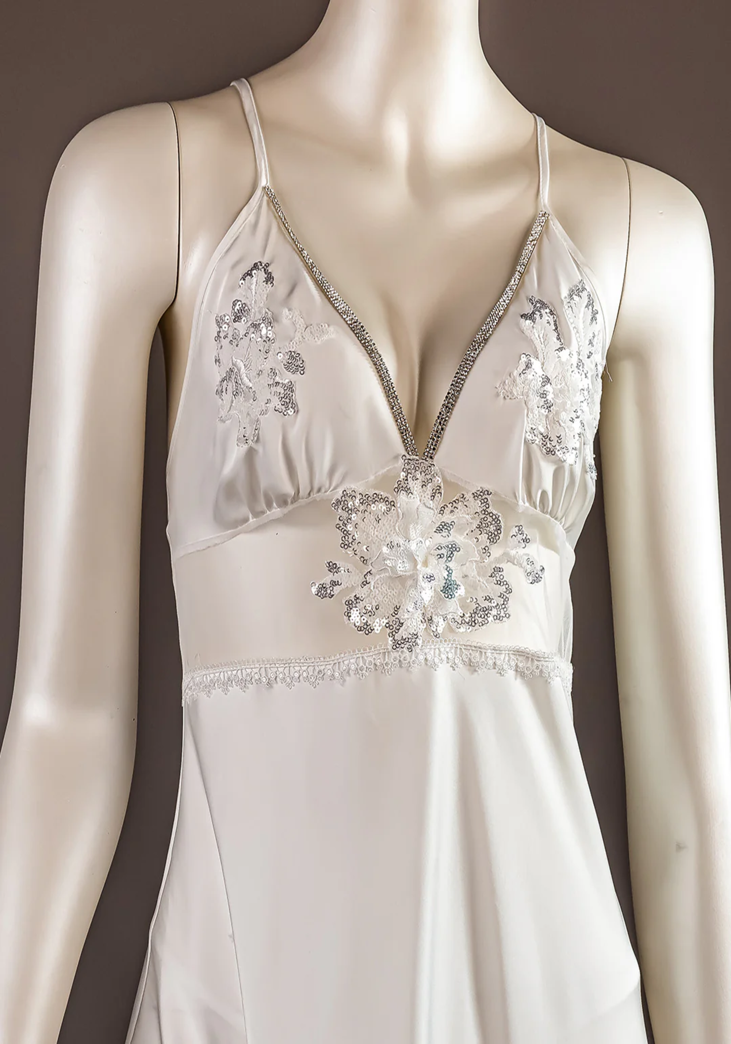 Bridal Long Robe Set: Shoulder Strap V-Stras Full Satin Long Nighty With Floral Beeds Applique And Long Schiffon Robe With Beeds Applique