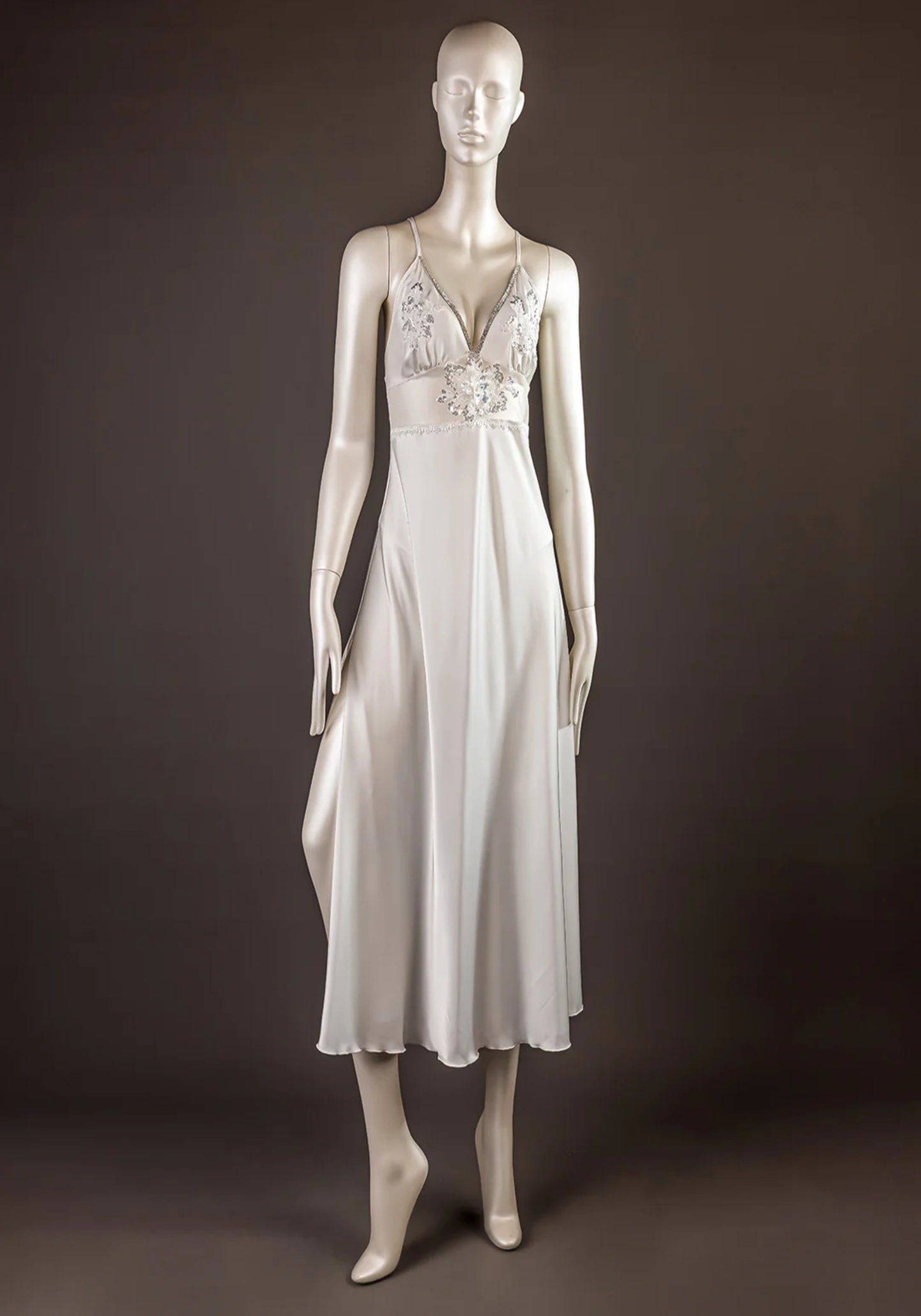 Bridal Long Robe Set: Shoulder Strap V-Stras Full Satin Long Nighty With Floral Beeds Applique And Long Schiffon Robe With Beeds Applique