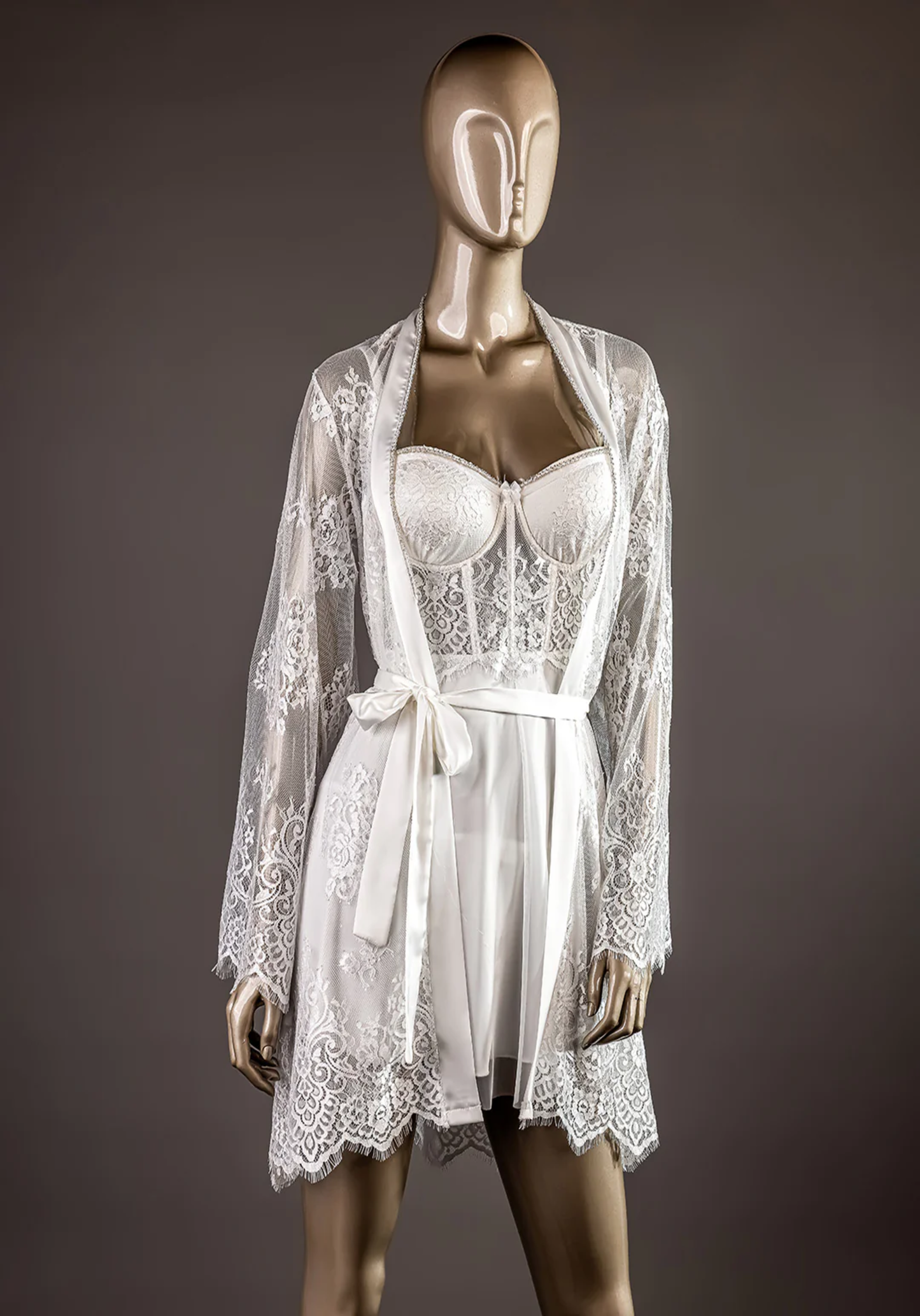 Bridal Short Robe Set: Lace Bustier Padded Cup Satin Nighty And Full Dantel Long Sleeve Short Robe