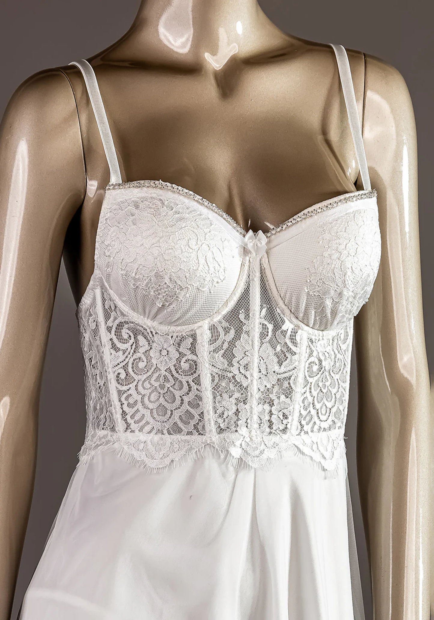 Bridal Short Robe Set: Lace Bustier Padded Cup Satin Nighty And Full Dantel Long Sleeve Short Robe