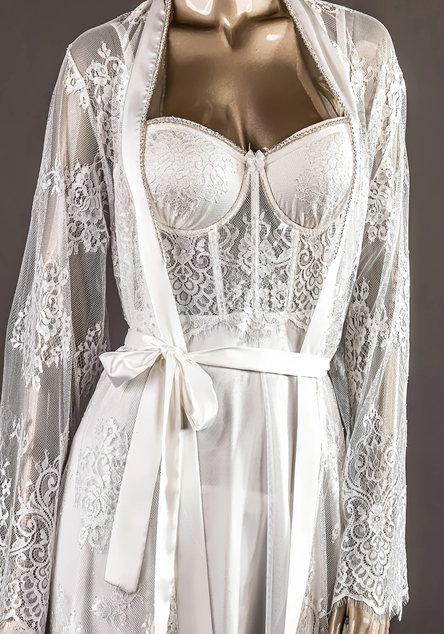Bridal Short Robe Set: Lace Bustier Padded Cup Satin Nighty And Full Dantel Long Sleeve Short Robe