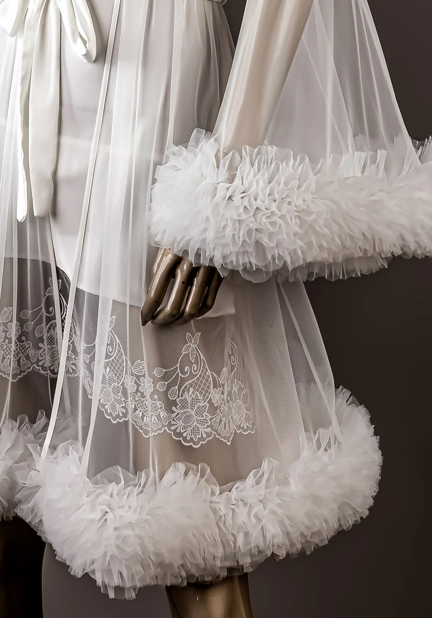 Bridal Short Robe Set: Satin Shoulder Stras Strap Lace Padded Cup Satin Short Nighty And Long Sleeve Short Schiffon Robe With Ruffles