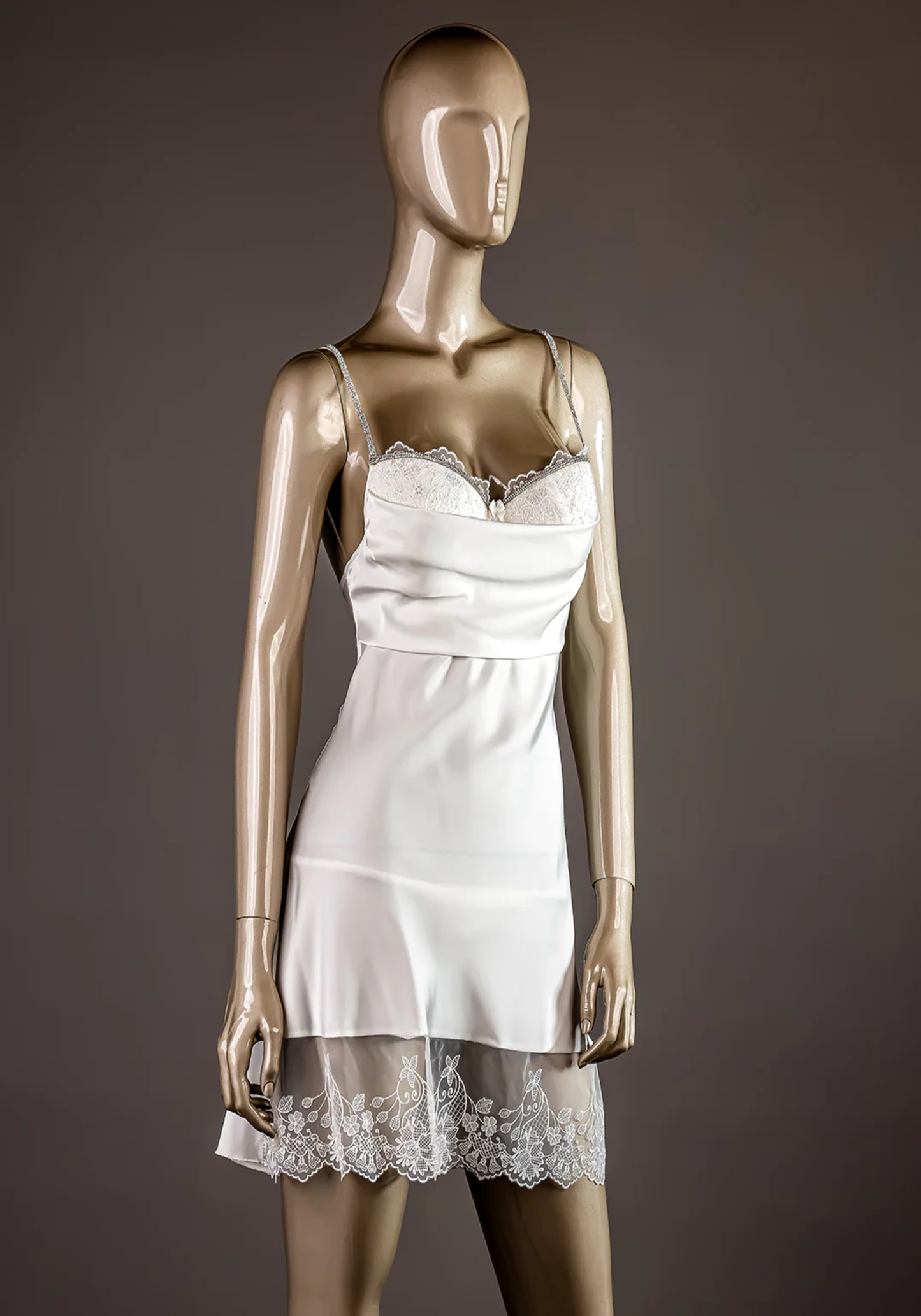 Bridal Short Robe Set: Satin Shoulder Stras Strap Lace Padded Cup Satin Short Nighty And Long Sleeve Short Schiffon Robe With Ruffles