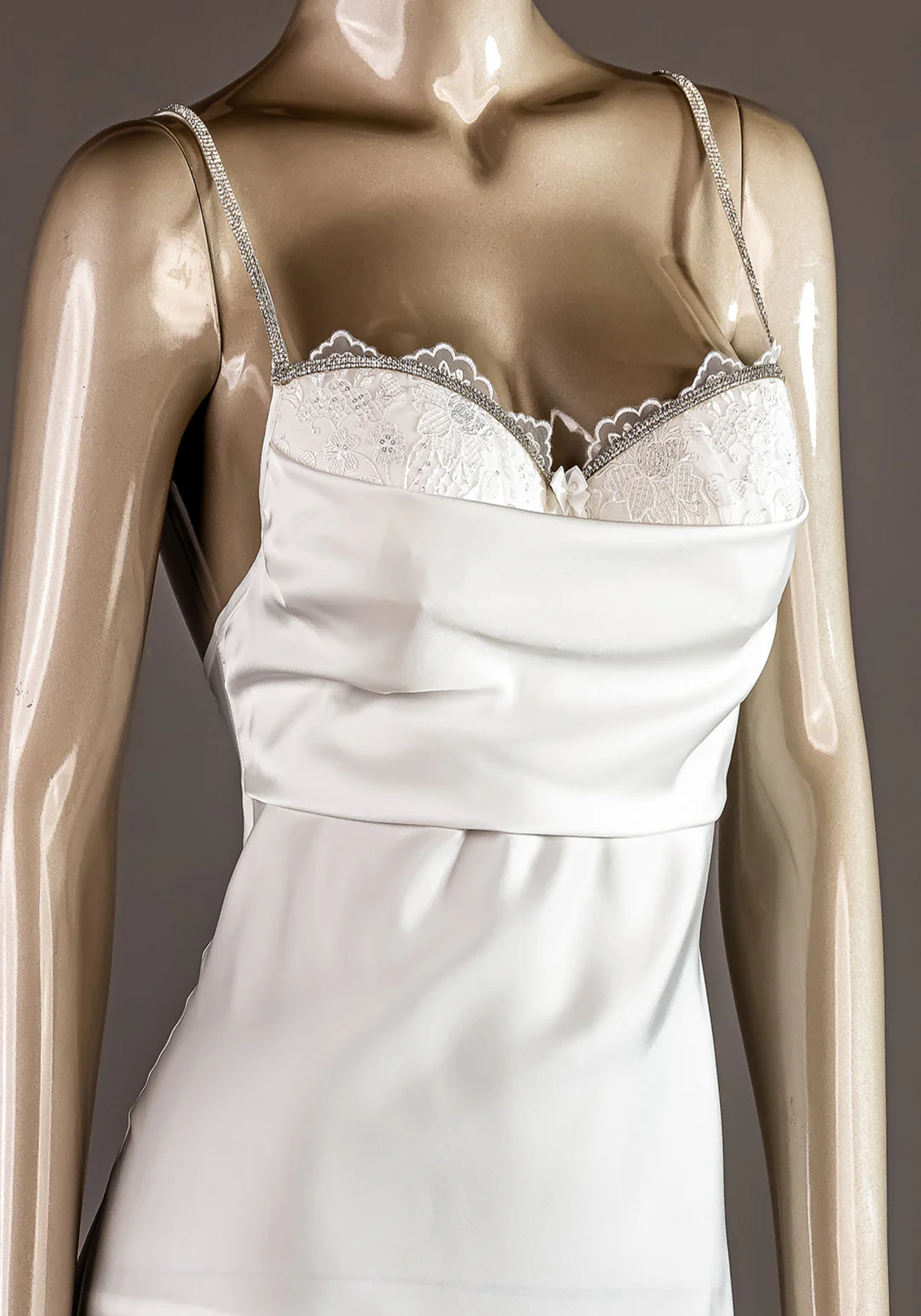 Bridal Short Robe Set: Satin Shoulder Stras Strap Lace Padded Cup Satin Short Nighty And Long Sleeve Short Schiffon Robe With Ruffles