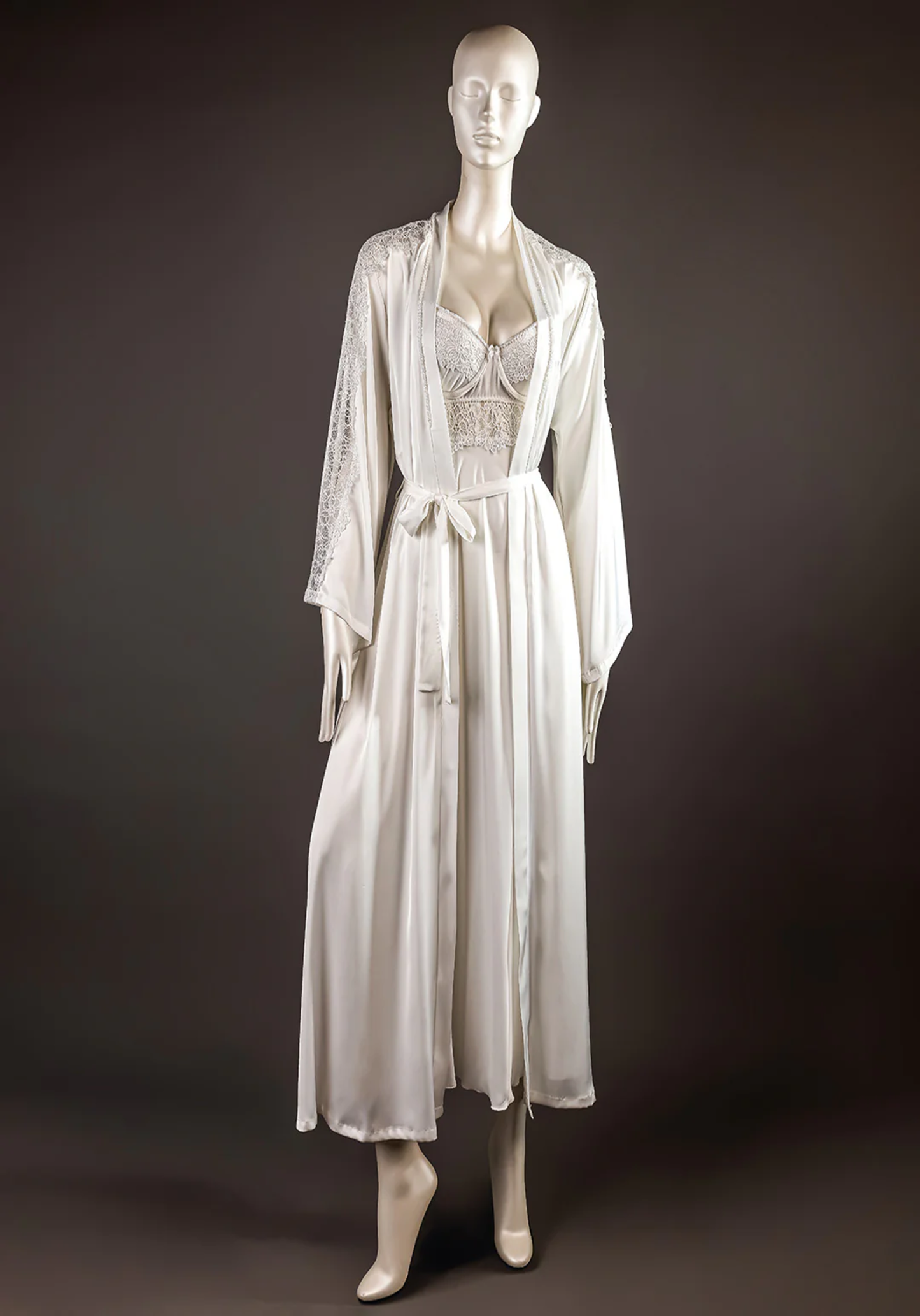 Bridal Long Robe Set: Shoulder Strap Padded Underwire Cup Satin Long Nighty And Satin Long Robe With Lace On The Sleeves