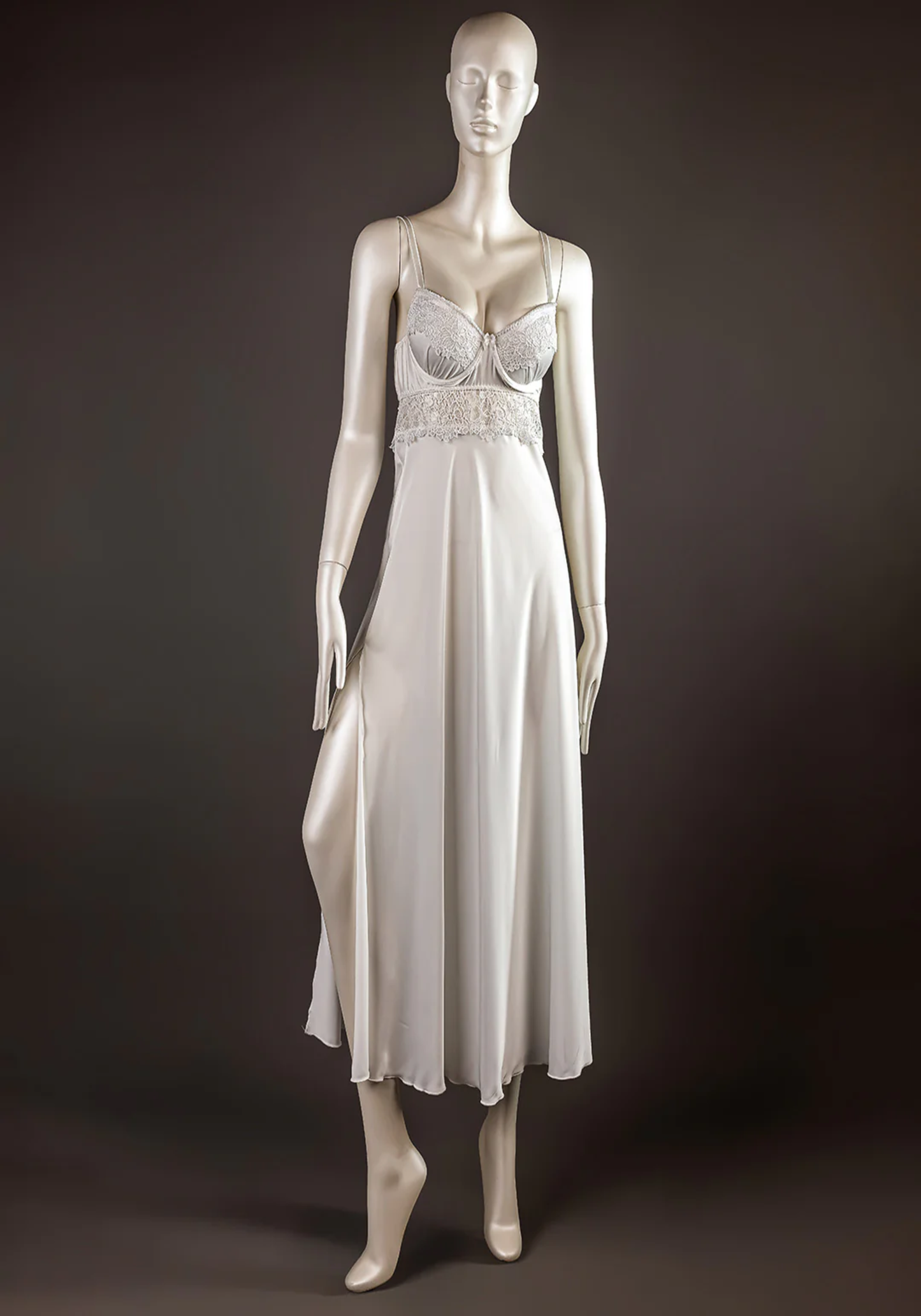 Bridal Long Robe Set: Shoulder Strap Padded Underwire Cup Satin Long Nighty And Satin Long Robe With Lace On The Sleeves