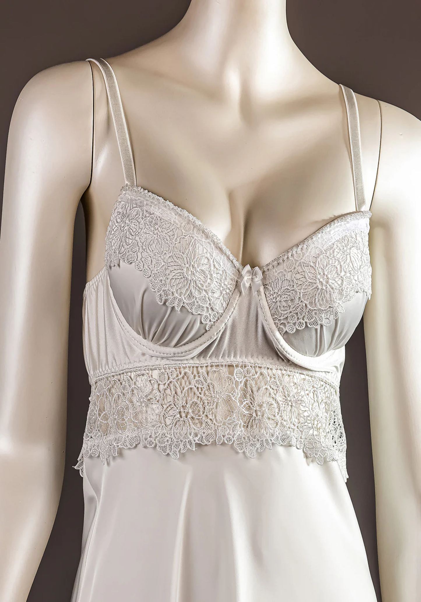 Bridal Long Robe Set: Shoulder Strap Padded Underwire Cup Satin Long Nighty And Satin Long Robe With Lace On The Sleeves