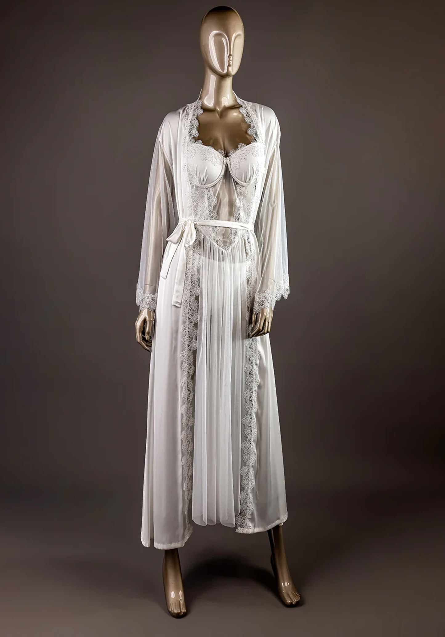 Bridal Long Robe Set: Shoulder Strap Dantel Padded Underwire Cup Schiffon Long Nighty And Satin Long Robe With Schiffon Sleeves And Satin Lace Panty