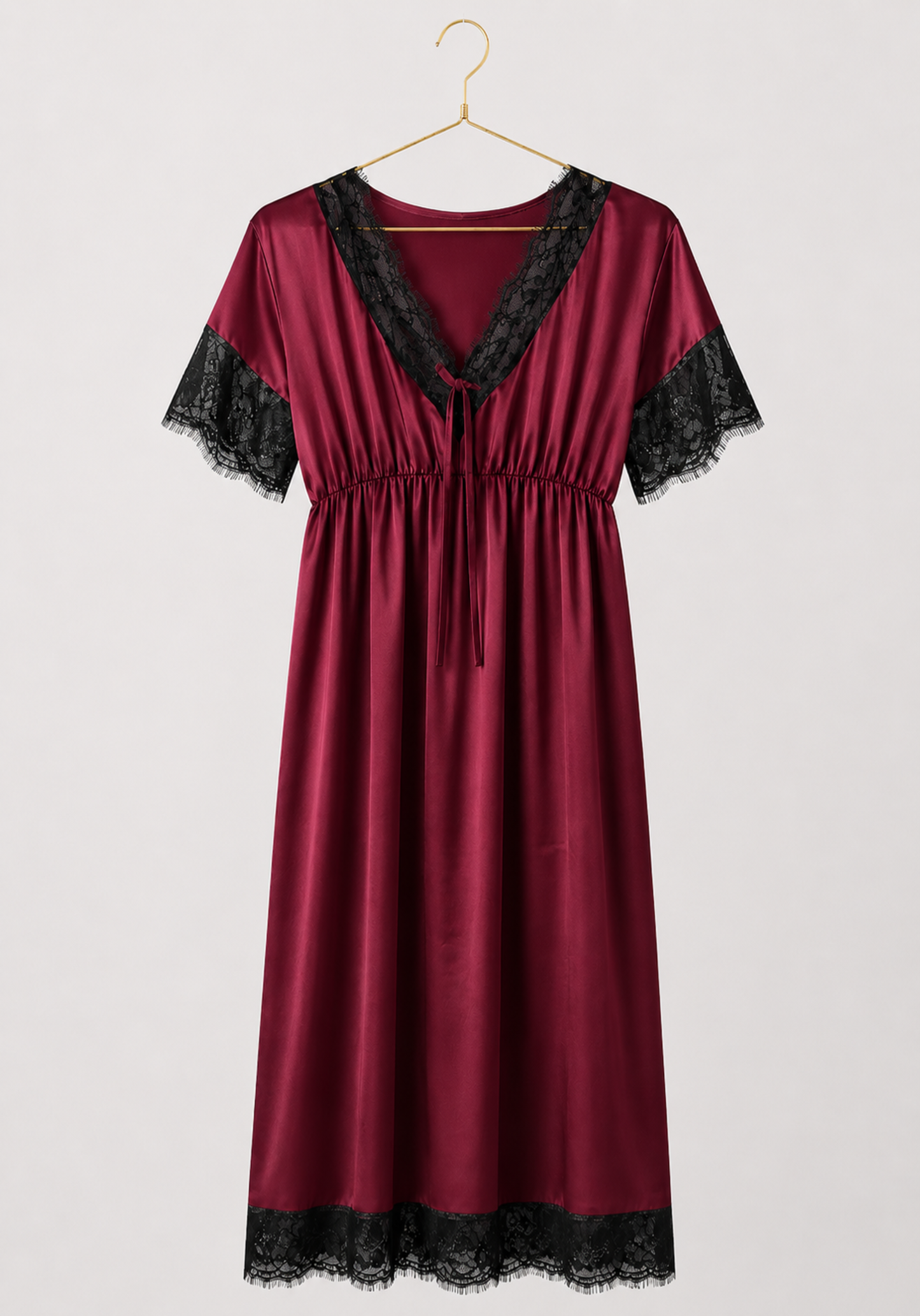 Satin Midi Gown With Waist Elastic And Lace Detail On The Neck, Sleeves, And Bottom