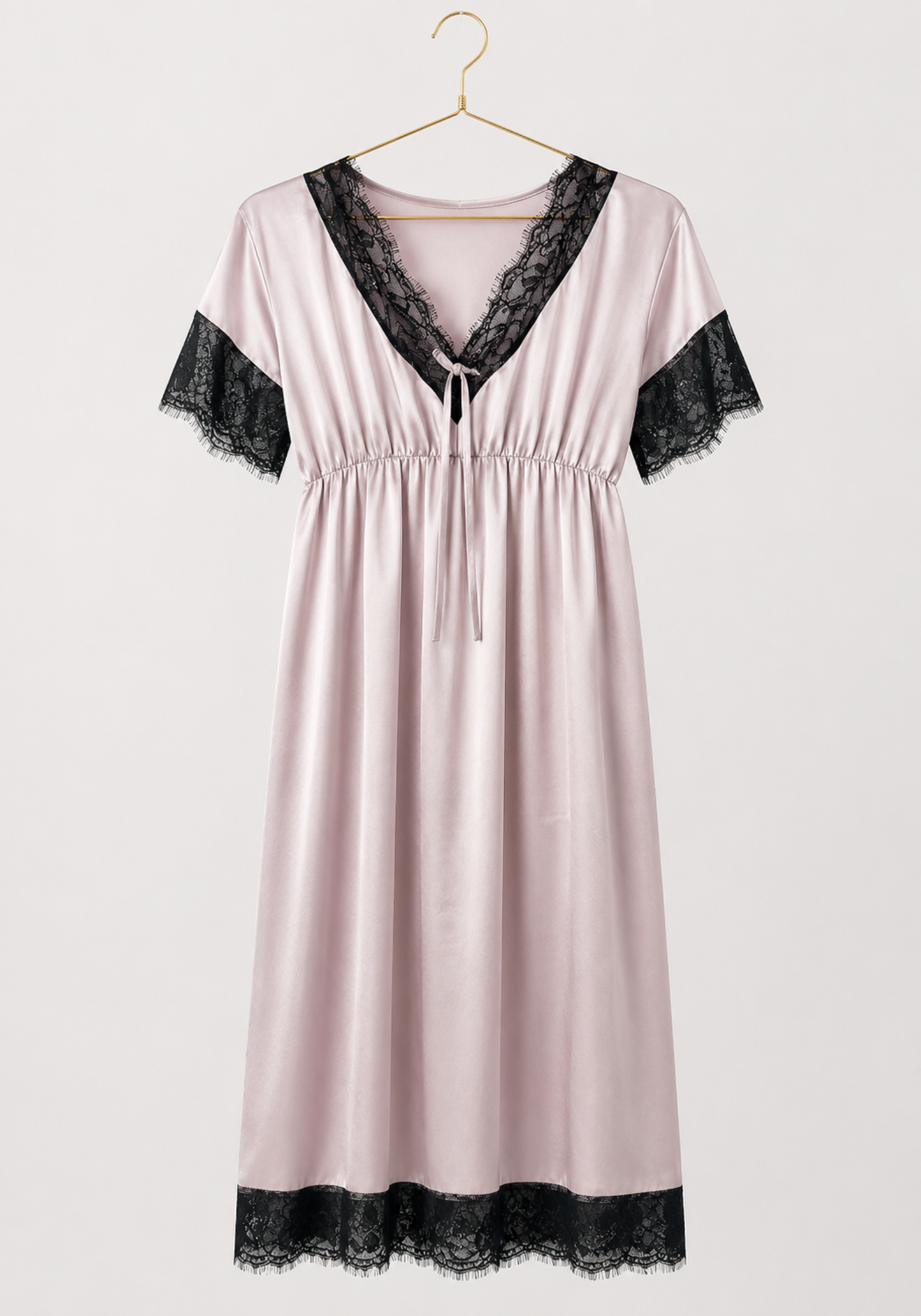 Satin Midi Gown With Waist Elastic And Lace Detail On The Neck, Sleeves, And Bottom