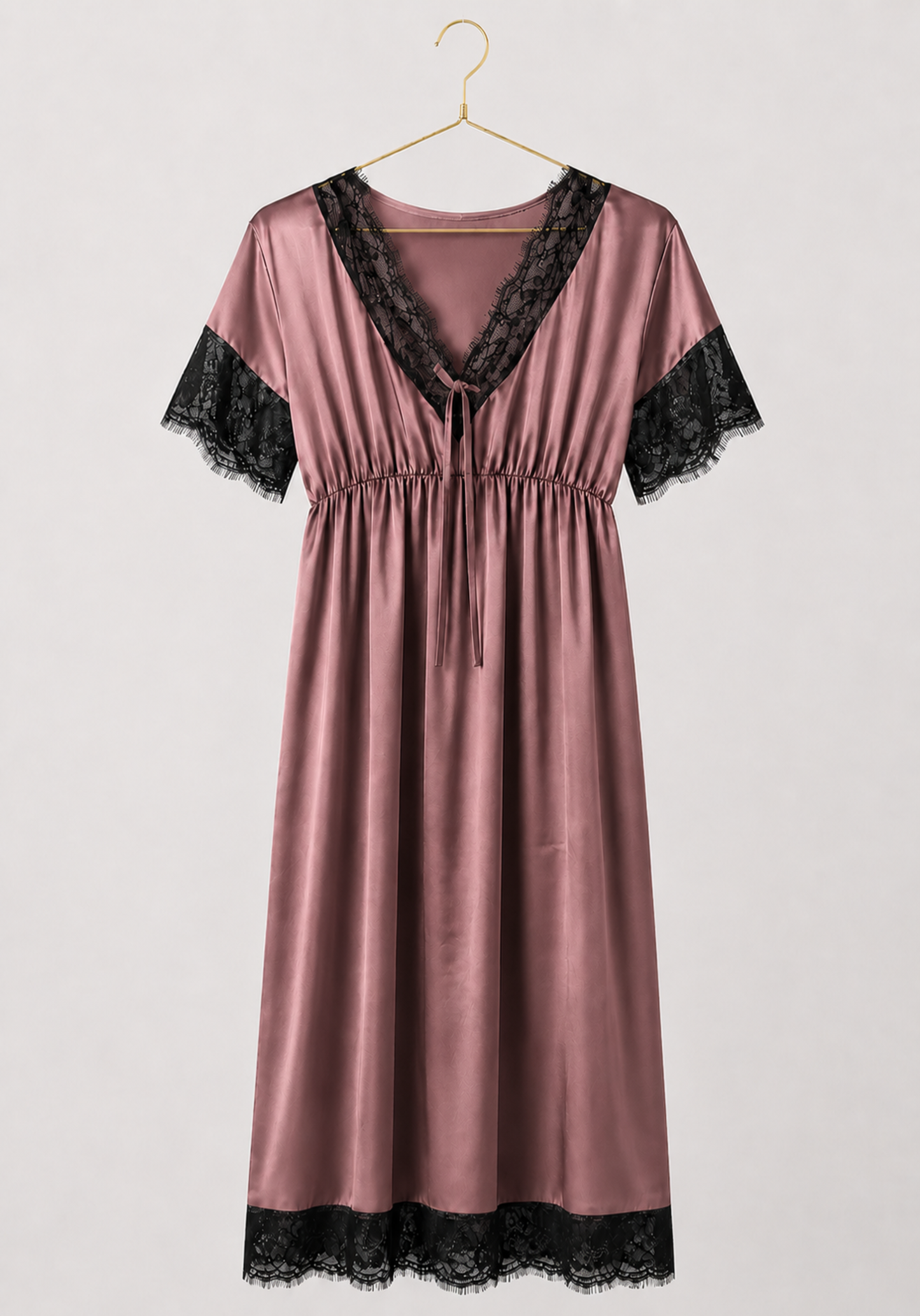 Satin Midi Gown With Waist Elastic And Lace Detail On The Neck, Sleeves, And Bottom