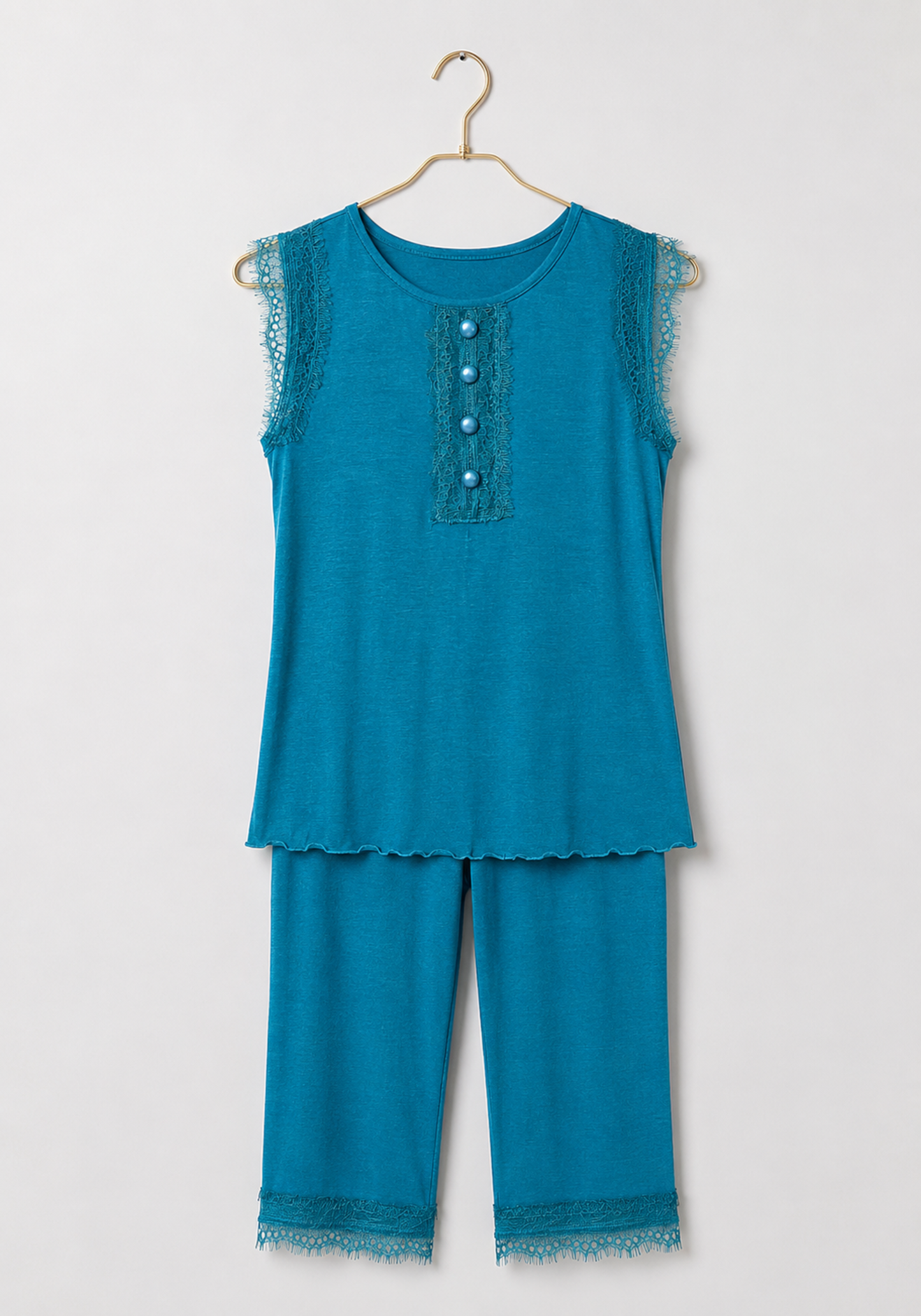 Capri Set: Viscose Elastan Sleeveless Top And Capri With Lace Detail
