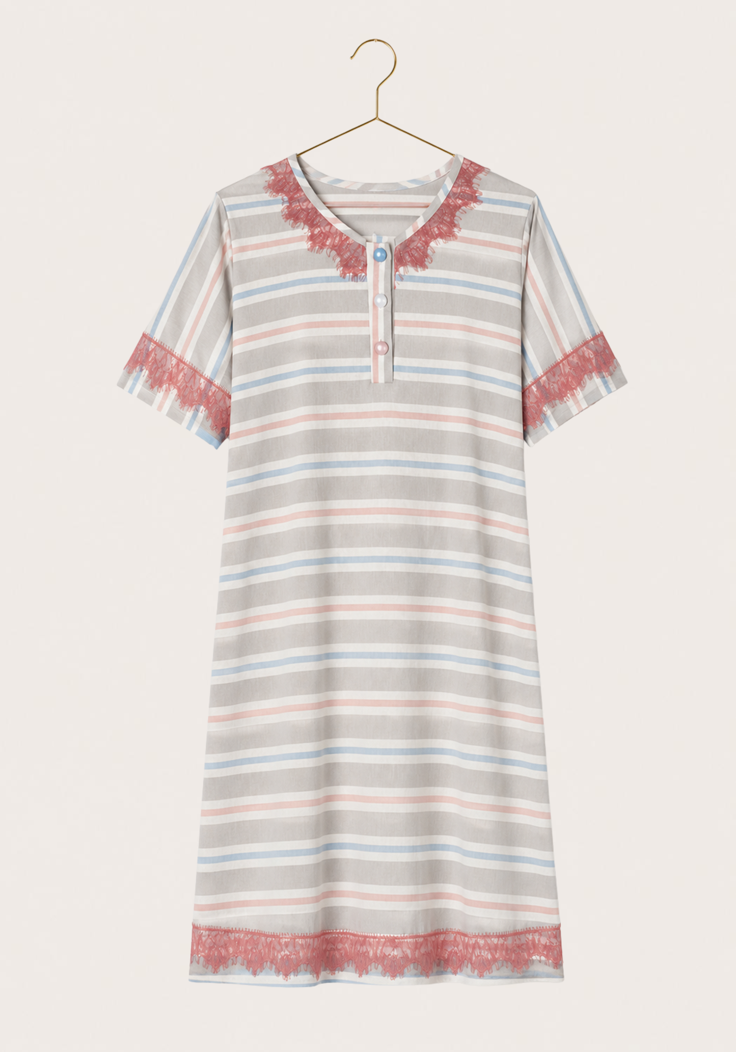 Soft Striped Short Nighty: Lace Button Collar Short Sleeve Short Nighty With Lace Detail