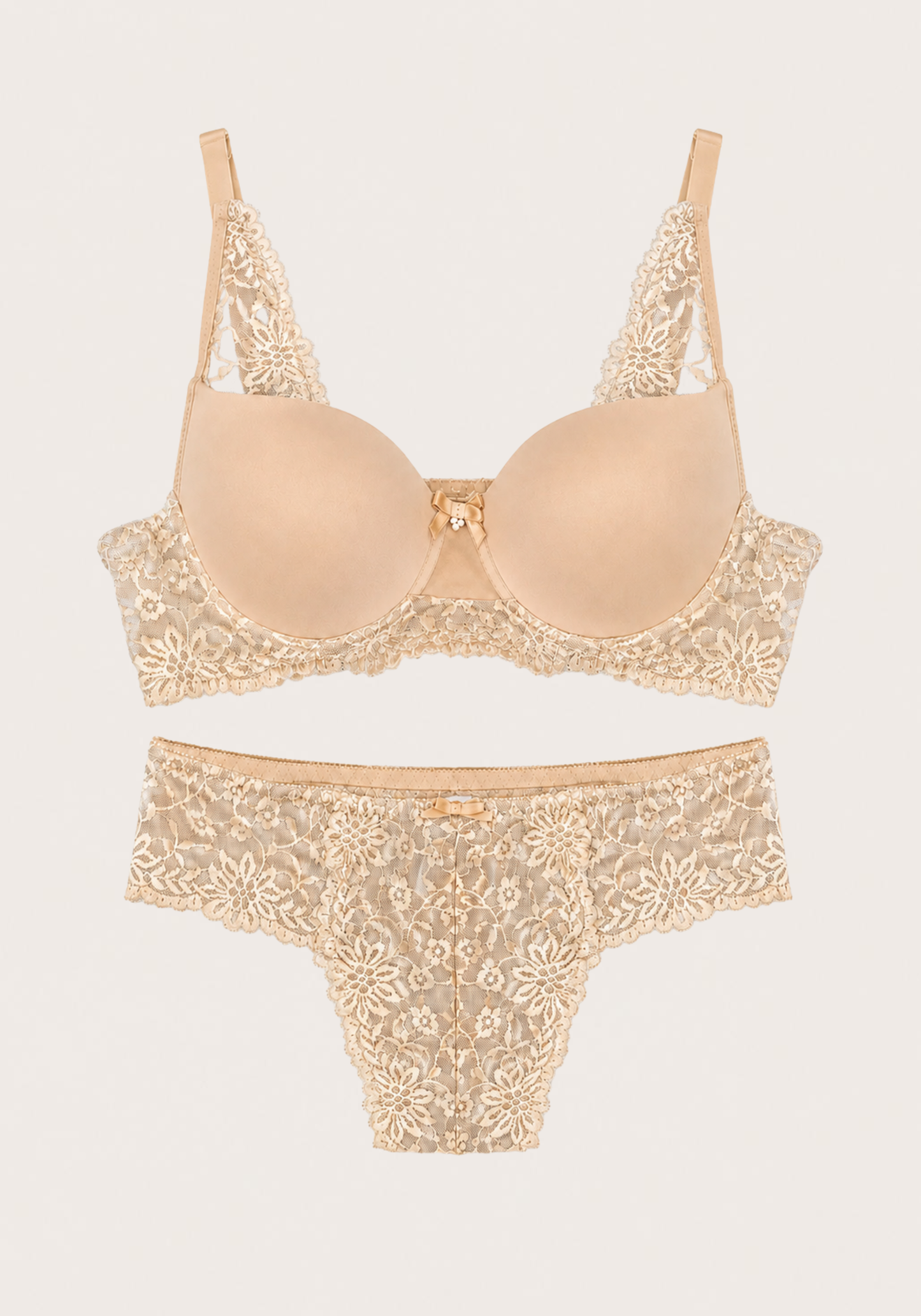 Lingerie Bra Set: Plain Padded Cup Bra With Lace Detail And Full Dantel Panty