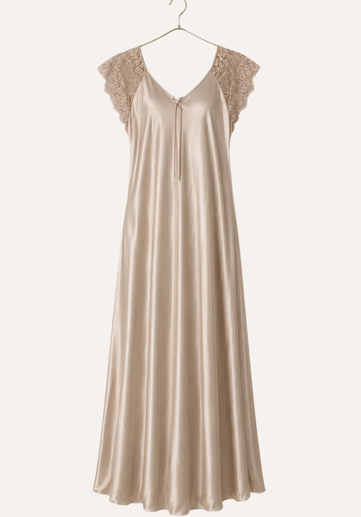 Mega Sleeve Satin Long Gown With Lace Detail And Satin Panty