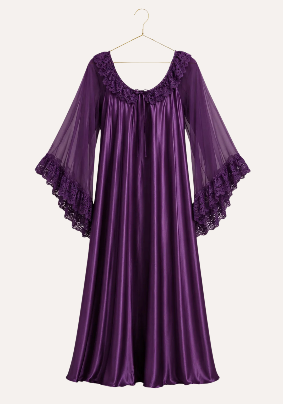 Long Chiffon Sleeve Long Satin Gown With Dantel Detail