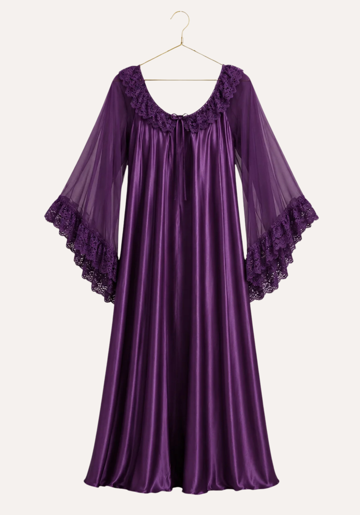 Long Chiffon Sleeve Long Satin Gown With Dantel Detail