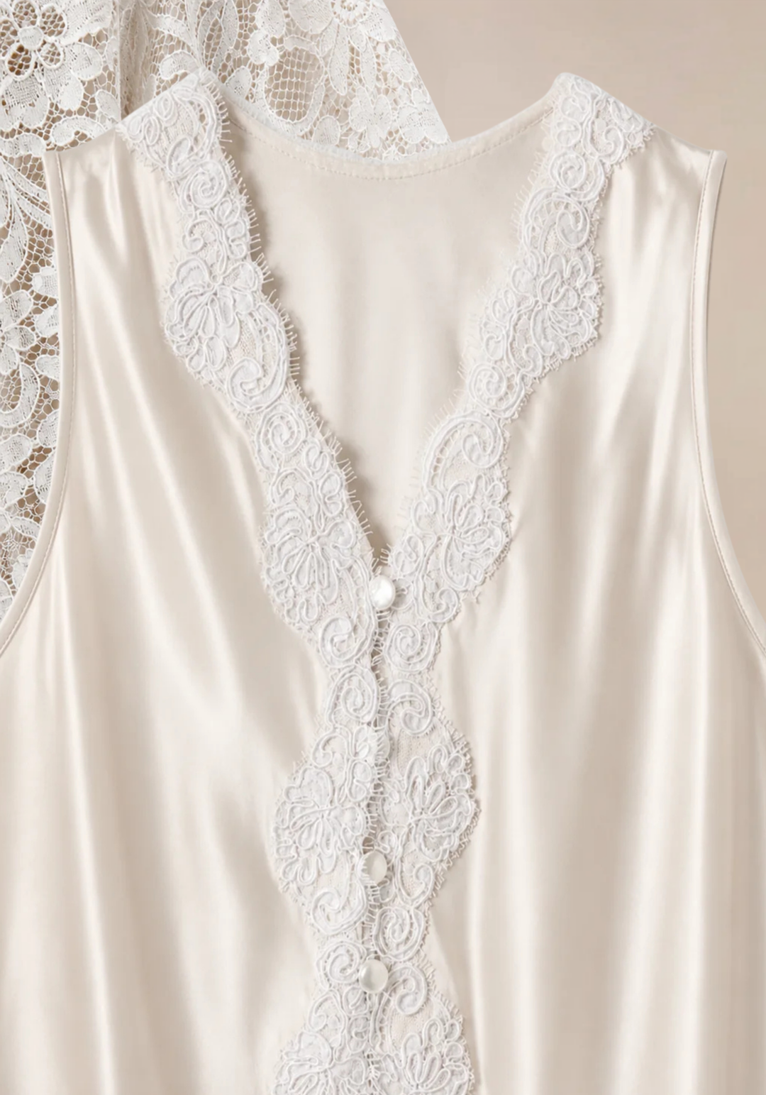 Bridal 3 Pieces Pajamas: Full Dantel Short Robe And Sleeveless Satin Top With Buttons And Pants With Lace Details