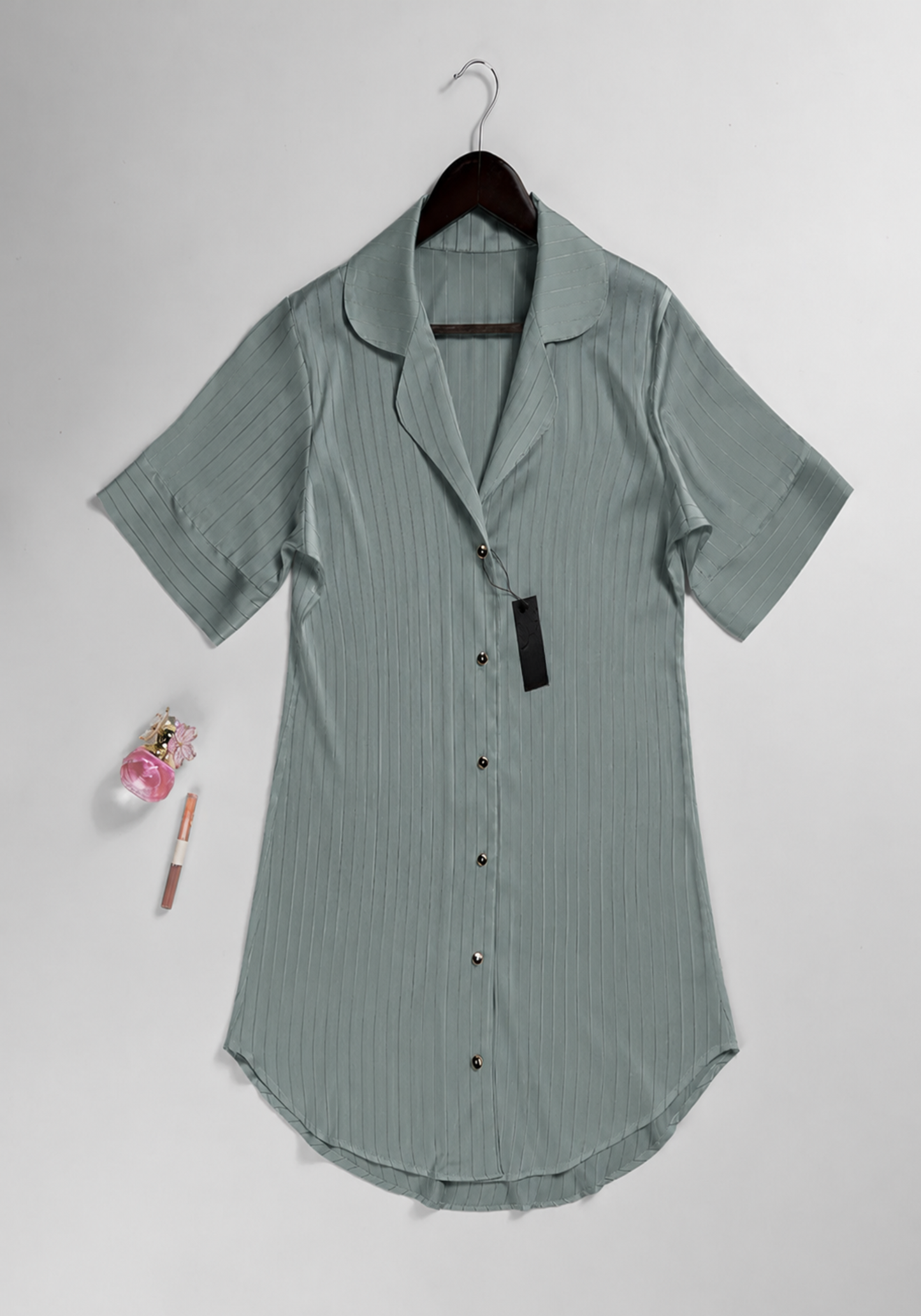 Lingerie Nighty: Satin Striped Collar Button Short Nighty